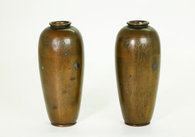 Pr Japanese Meiji Period Silver Inlay Bronze Vases