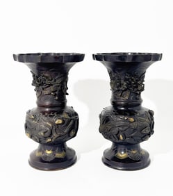 Pr Japanese Bronze Dragon & Bird Altar Vases
