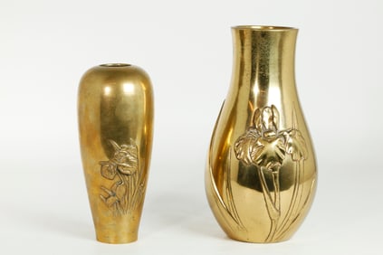 2 Japanese Polished Bronze "Iris" Vases