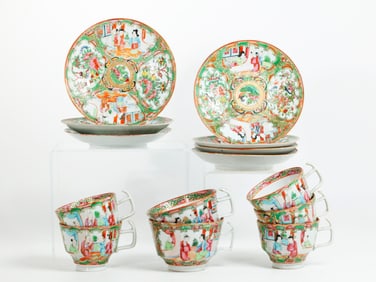 7 Chinese Rose Mandarin Porcelain Cups; 7 Saucers