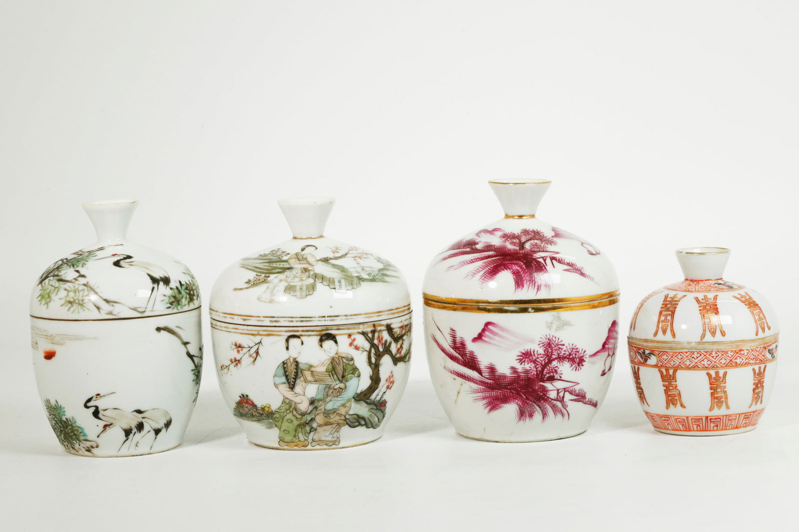 4 Chinese Qing Porcelain Dome Covered Bowls: 4 Chinese Qing Dynasty Porcelain Dome Covered Bowls: the 2 larger with designs of a Landscape in Puce and Ladies in Gardens, both with calligraphy to the reverse; a middle sized bowl with Cranes & Pin