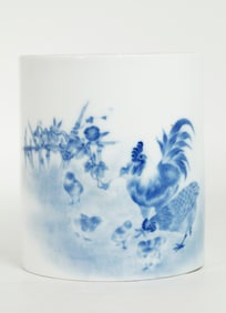 Chinese Blue & White Porcelain Chicken Brush Pot