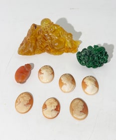 Chinese Qing Carnelian Monkey Malachite 6 Cameos