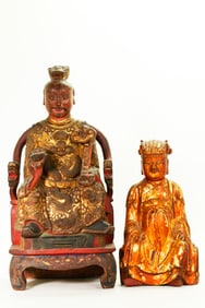 2 Chinese 19th C Carved Gilt Wood God