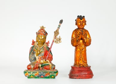 Chinese Ming Bronze Acolyte; Tibetan Ceramic Lama