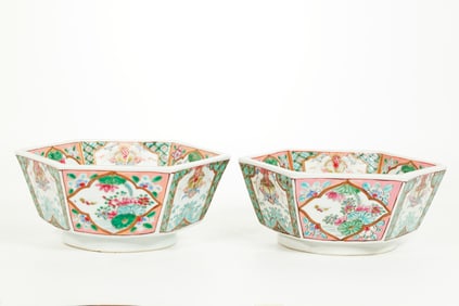 Pr Japanese 19th C Arita Hexagon Enameled Bowls