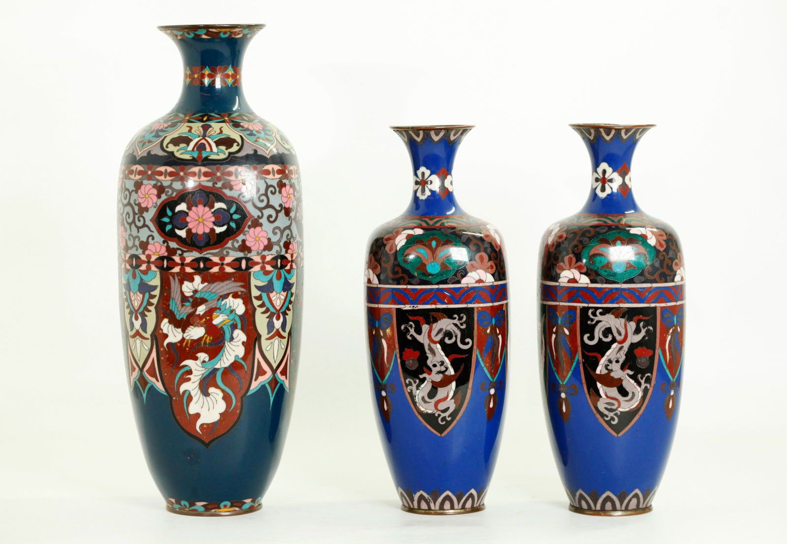 3 Japanese Meiji Shippo-yaki Cloisonne Vases