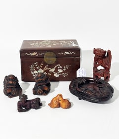 5 Chinese Wood Carvings & Box; 1 Japanese Netsuke