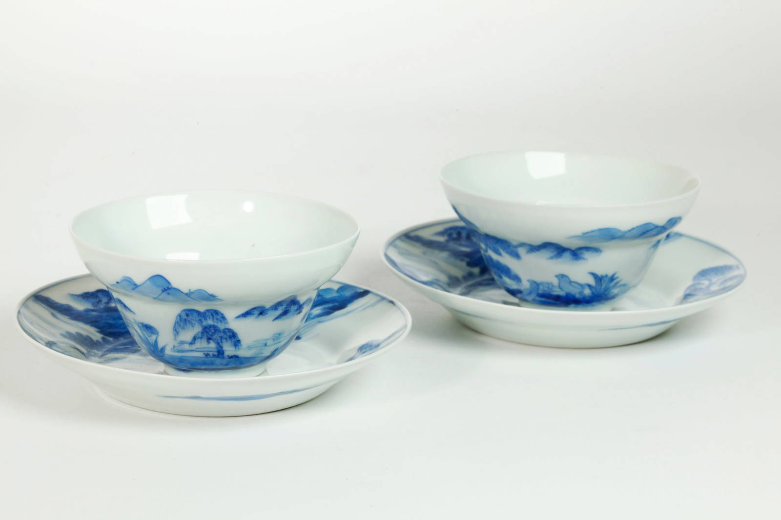 Pr Chinese Blue White Porcelain Teacups & Saucers