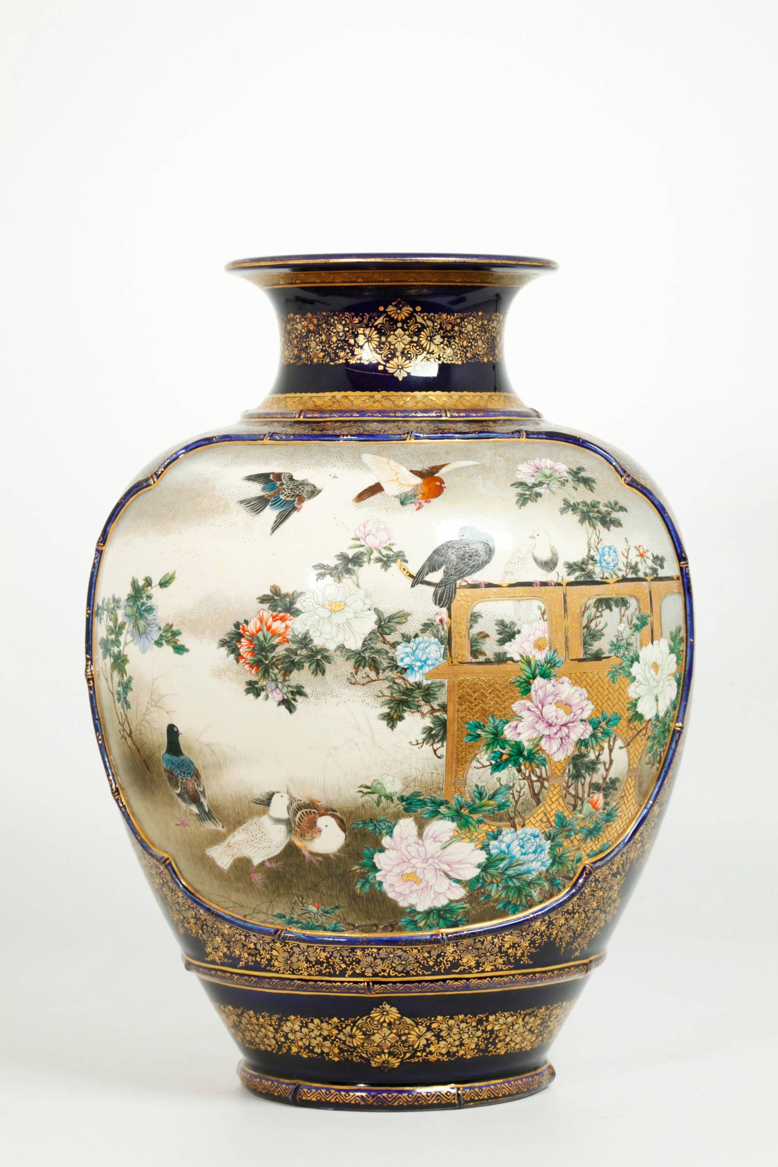 Fine Japanese Satsuma Porcelain Blue & Gold Vase