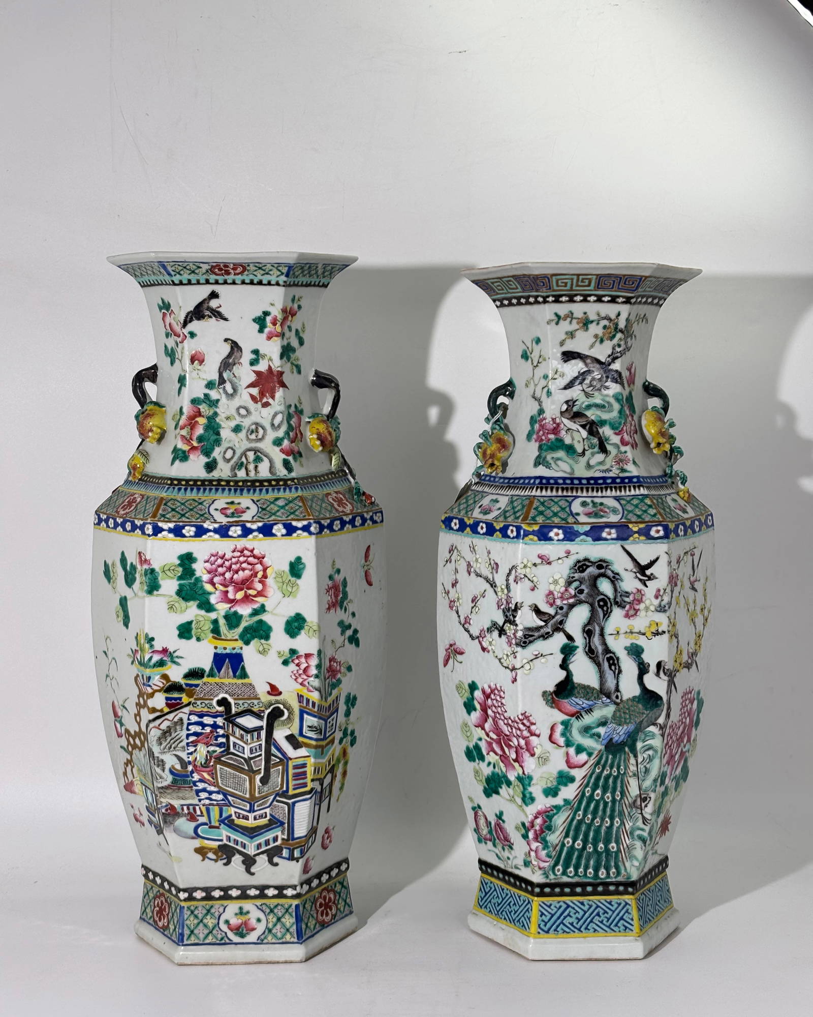 Lg Near-Pair Chinese Enameled Porcelain Vases