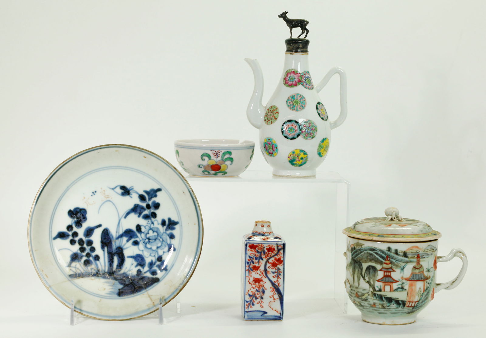 4 Chinese Antique Porcelains 1 Japanese 17C Bottle: 4 Chinese Antique Porcelains: a 19th C tea or wine pot with brocade ball roundels in famille rose and a silvered metal European deer stopper with cork, a 19th Century sugar bowl & cover enameled with