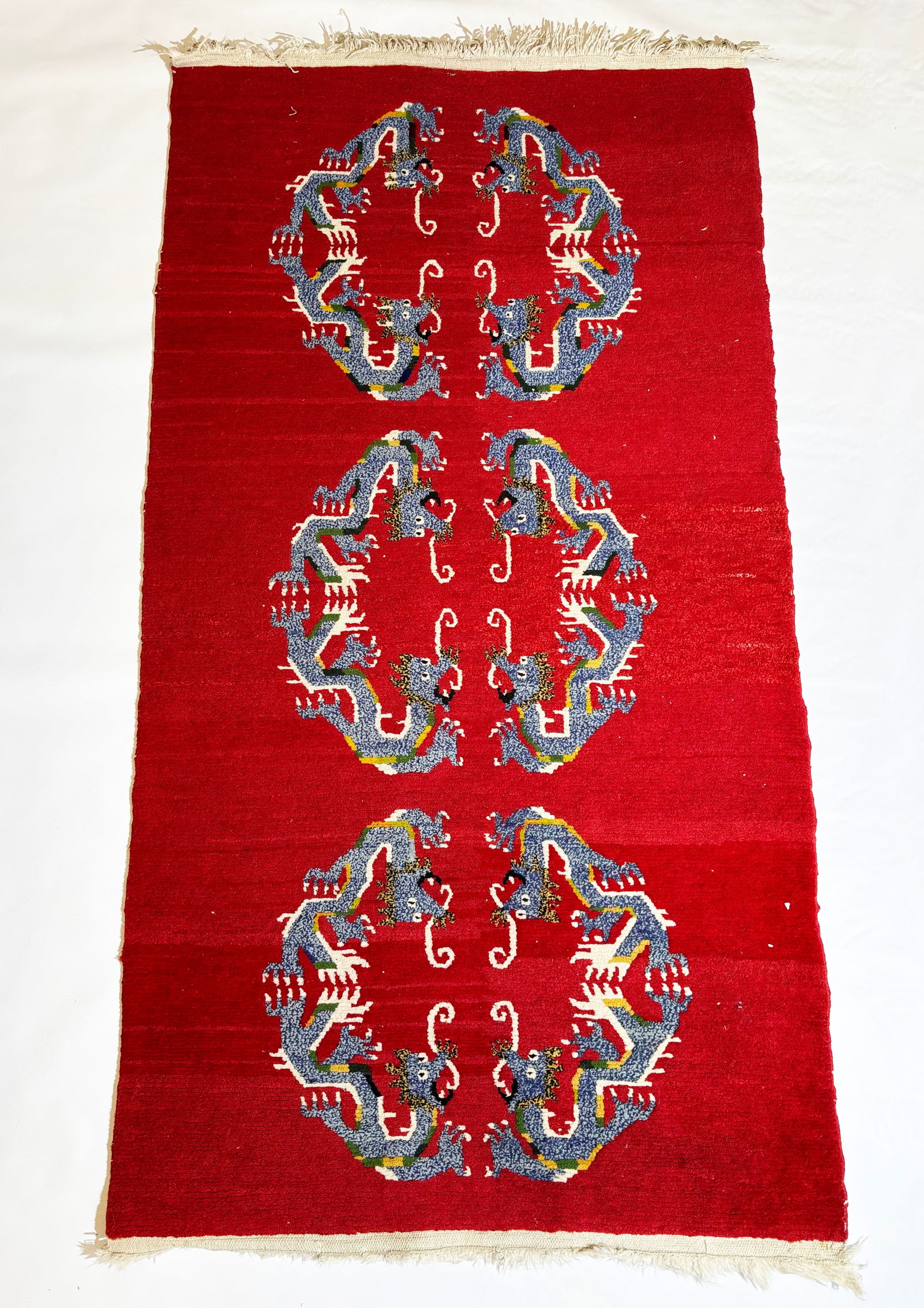 Tibetan Red Wool Carpet 3 Double Dragon Roundels (1 of 4)