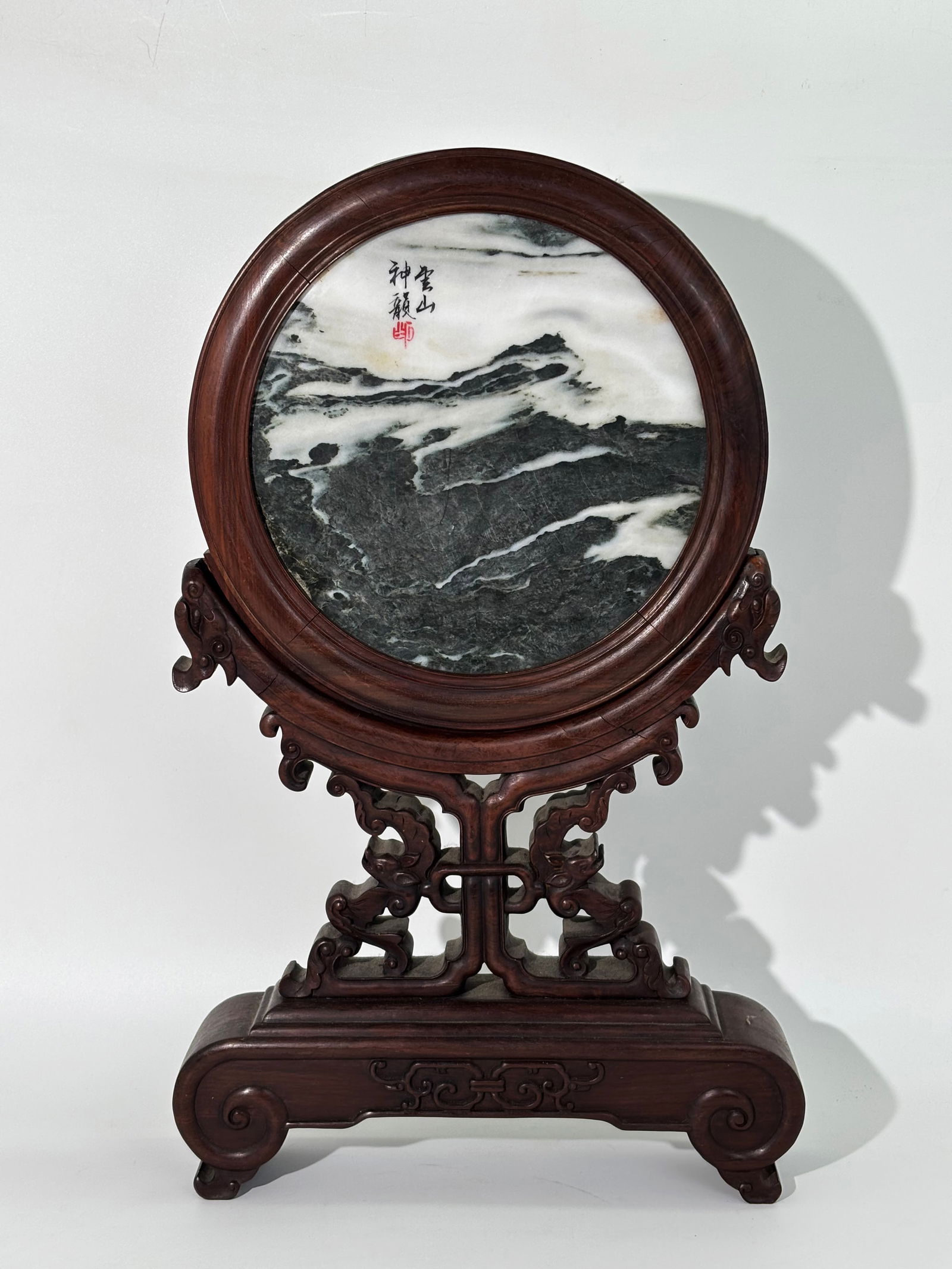 Chinese Marble Dream Stone Wood Table Screen (1 of 6)