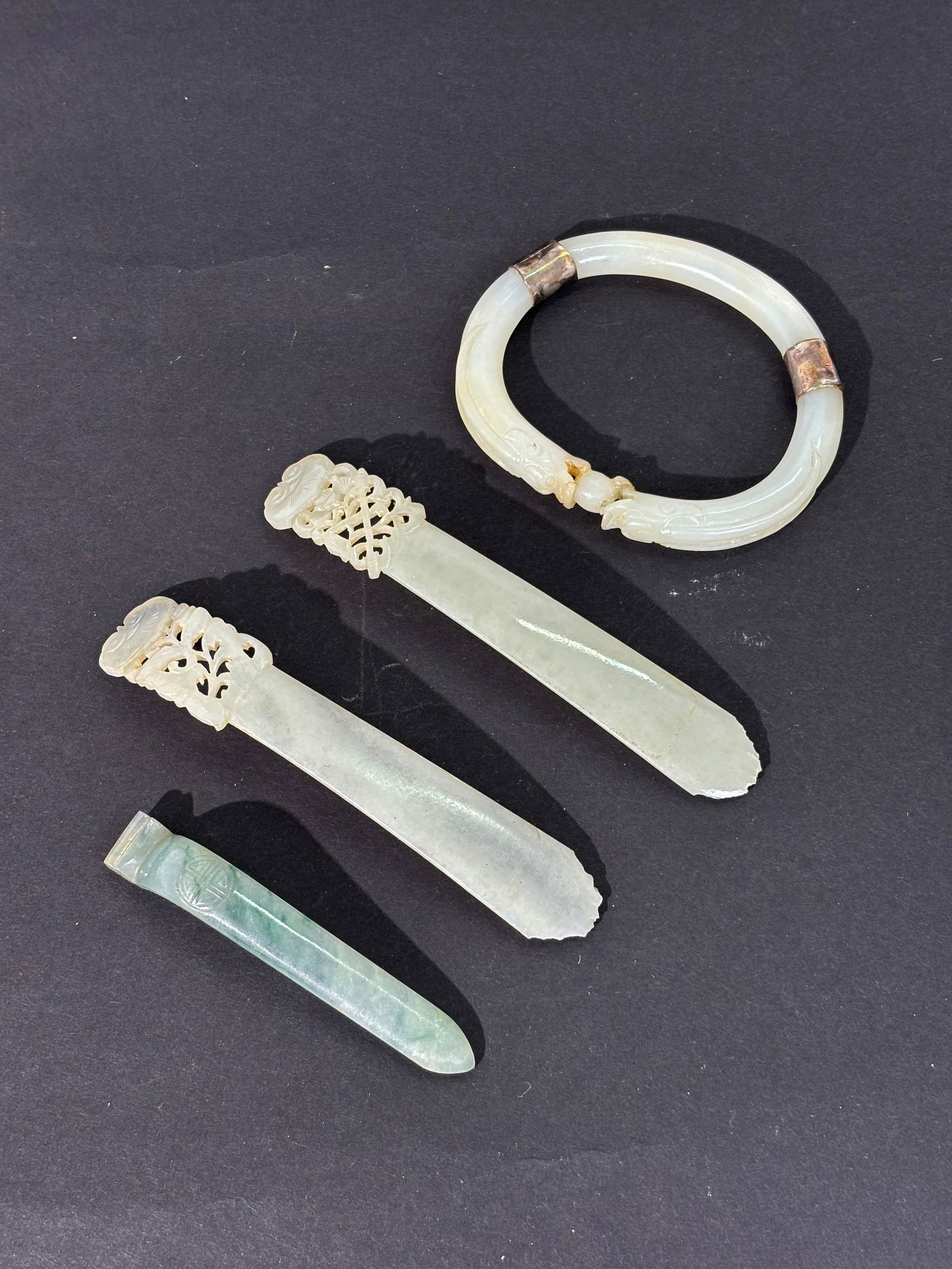 3 Chinese Qing Jewelry; Jade Bangle 3 Hair Pins (1 of 8)