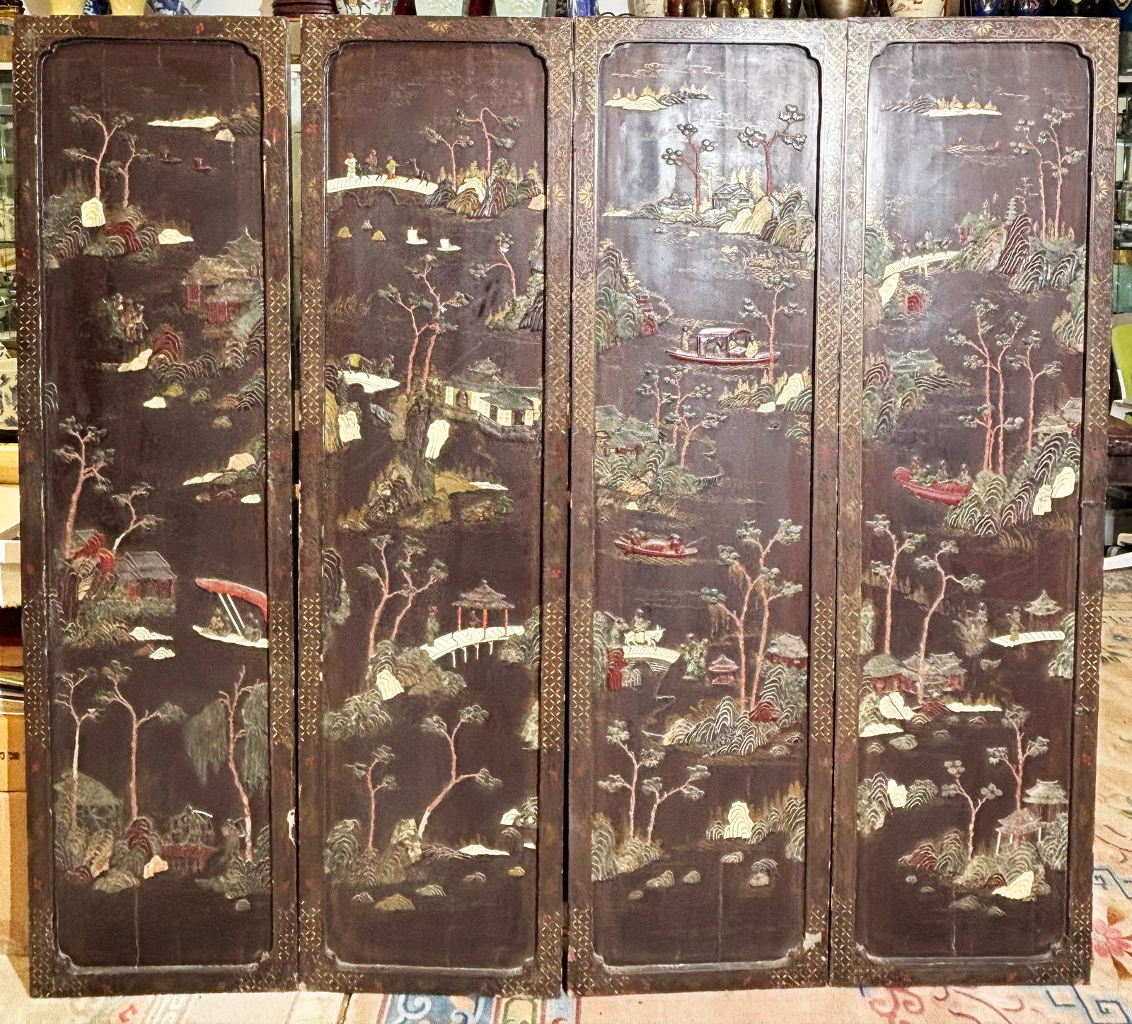 4 Chinese Lacquer Panels Soapstone Inlay Park (1 of 9)