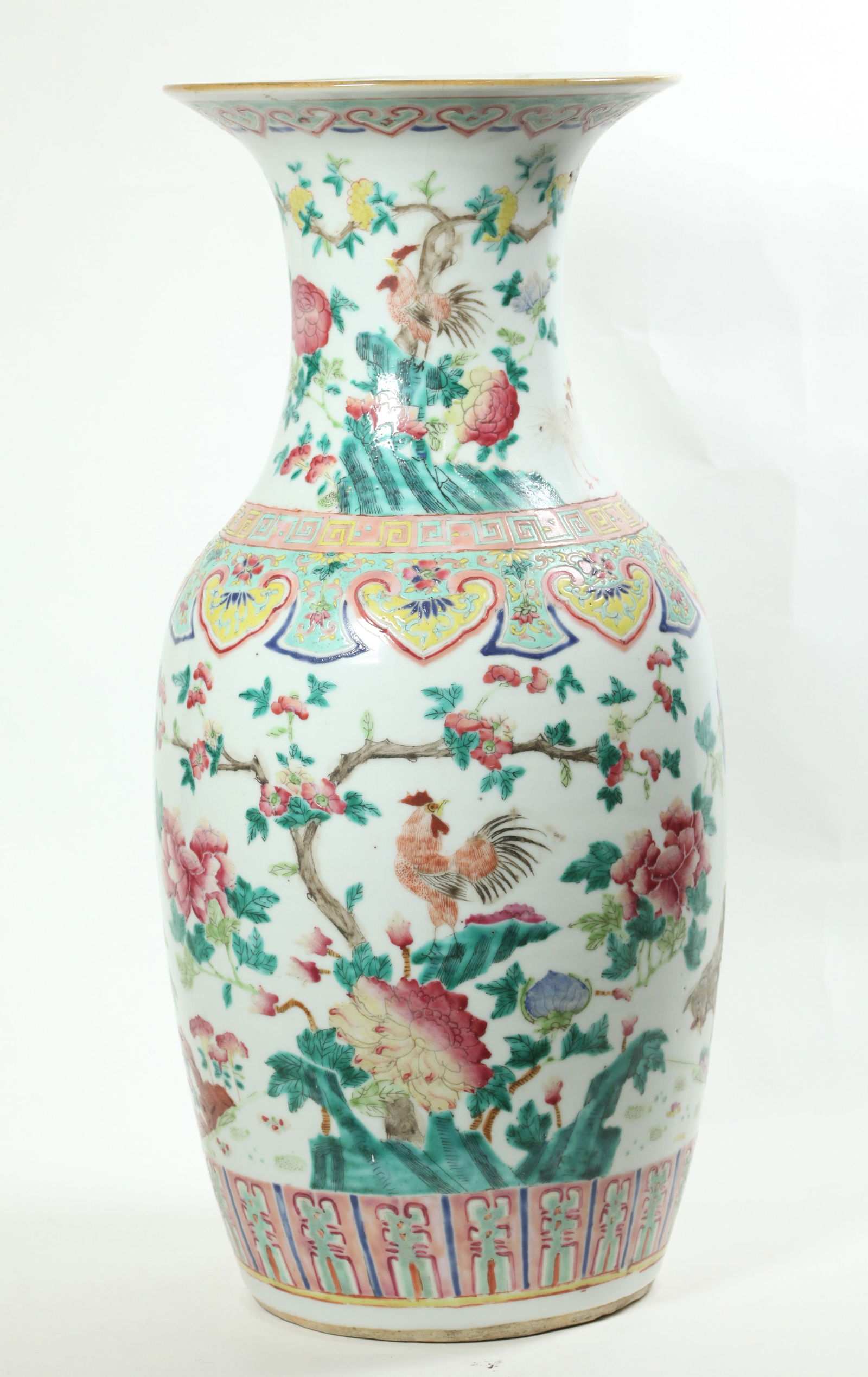 Lg Chinese 19 C Rooster & Peony Porcelain Vase (1 of 6)