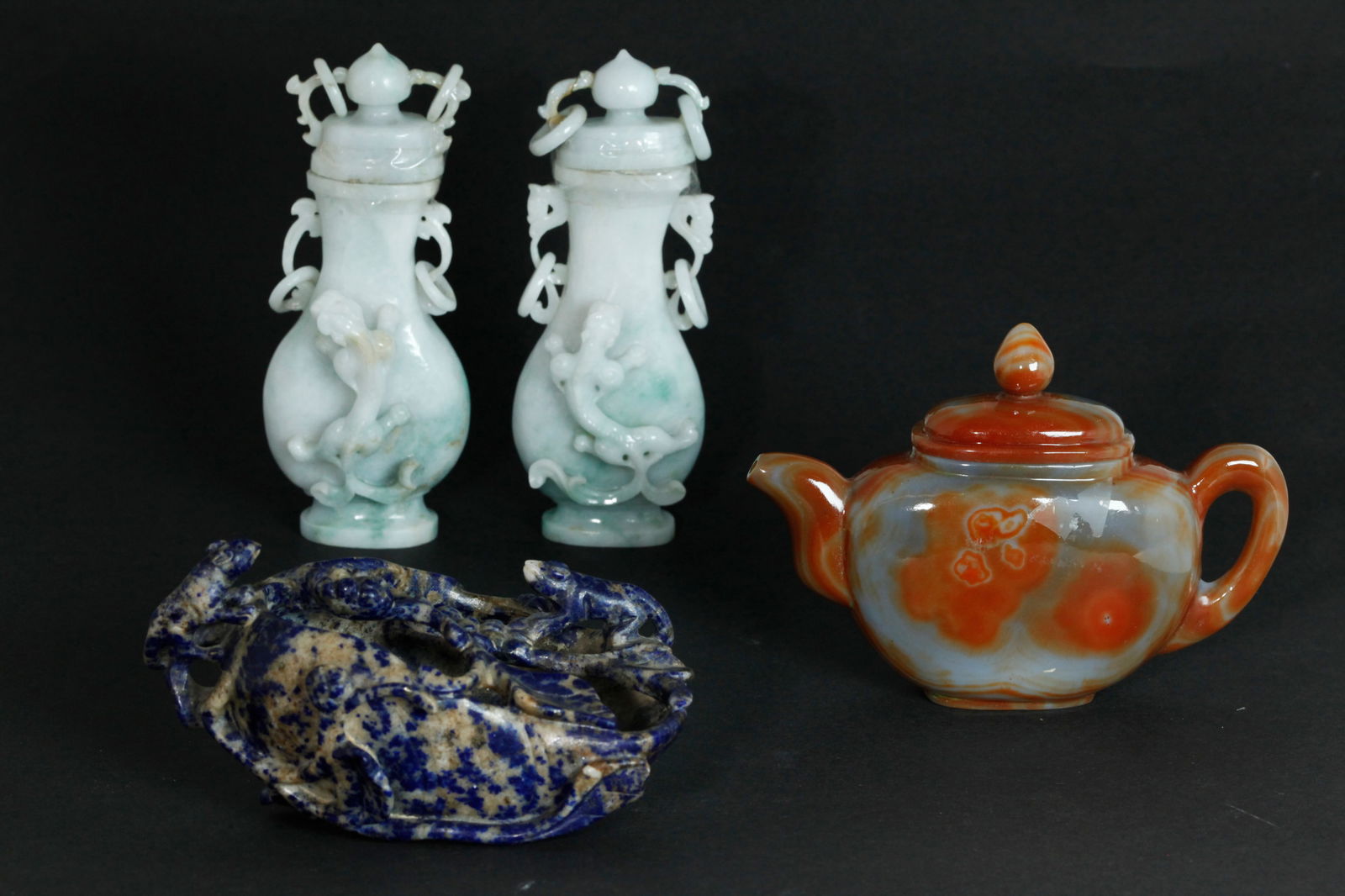 4 Chinese Carvings: Lapis Lazuli Carnelian Jadeite (1 of 7)