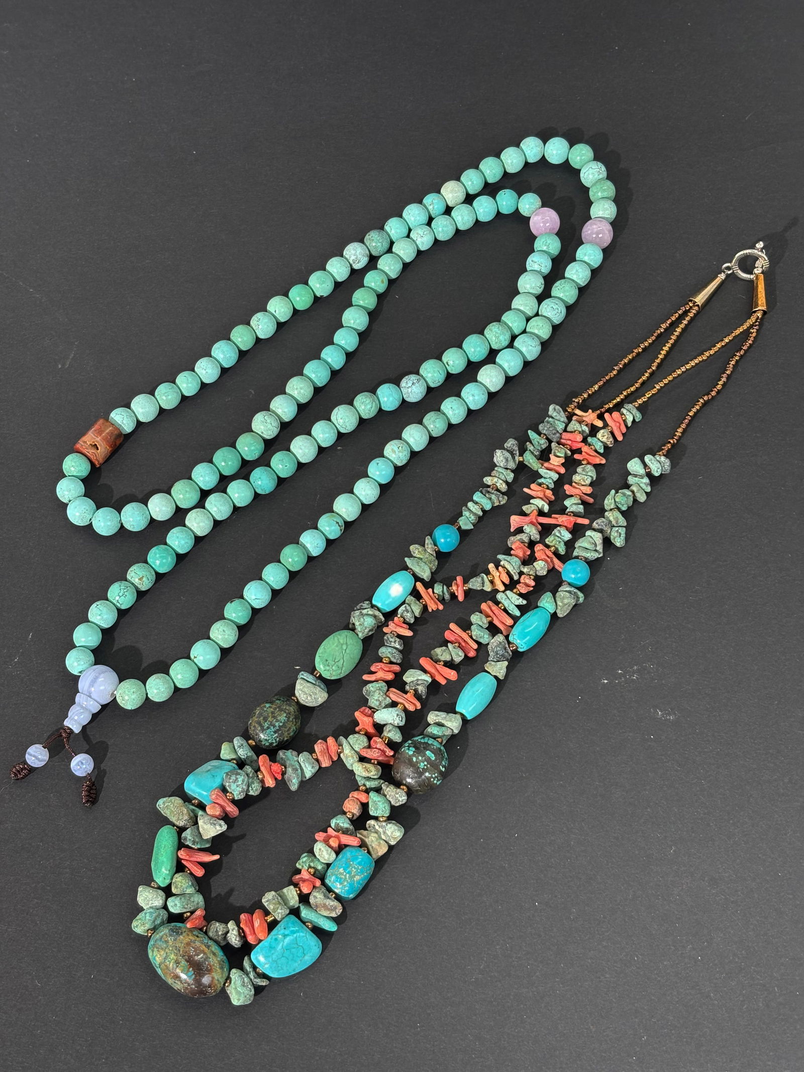 Chinese Turquoise 108 Bead Rosary; SW Necklace: Chinese Turquoise 108 Bead Rosary now strung on elastic cord; together with a South Western American 2 strand Necklace, 1 strand with various turquoise beads, the other with small turquoise fragments