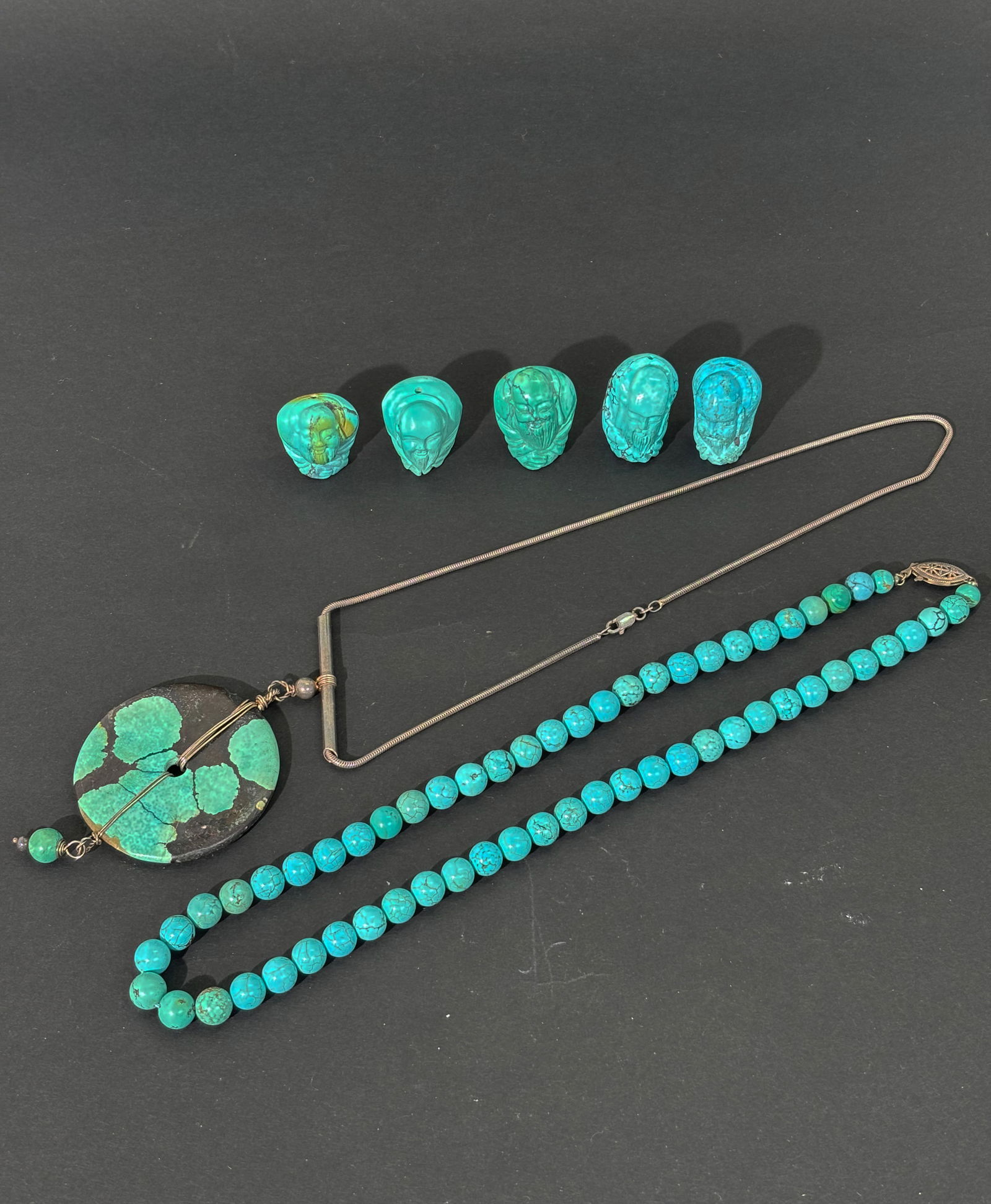 Chinese Turquoise Necklace Pendant & 5 Lg Beads (1 of 7)