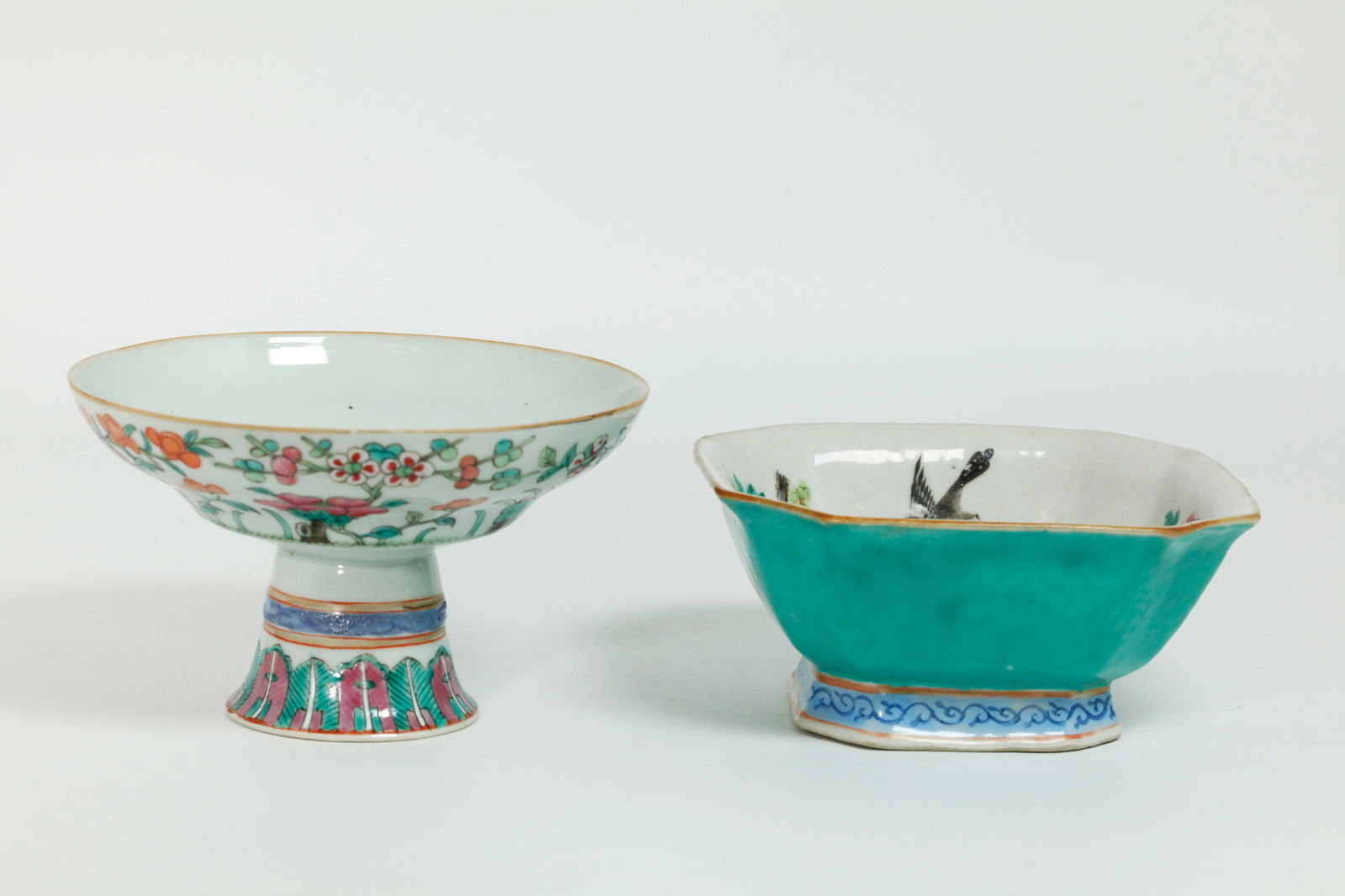 2 Chinese 19th C Enamel Porcelain Bowls: 2 Chinese 19th Century Enameled Porcelain Bowls, each with brown slip at the outside edge, an octagonal bowl with Crane roundel to inside center and a black bird and flowers around the sides, the outs