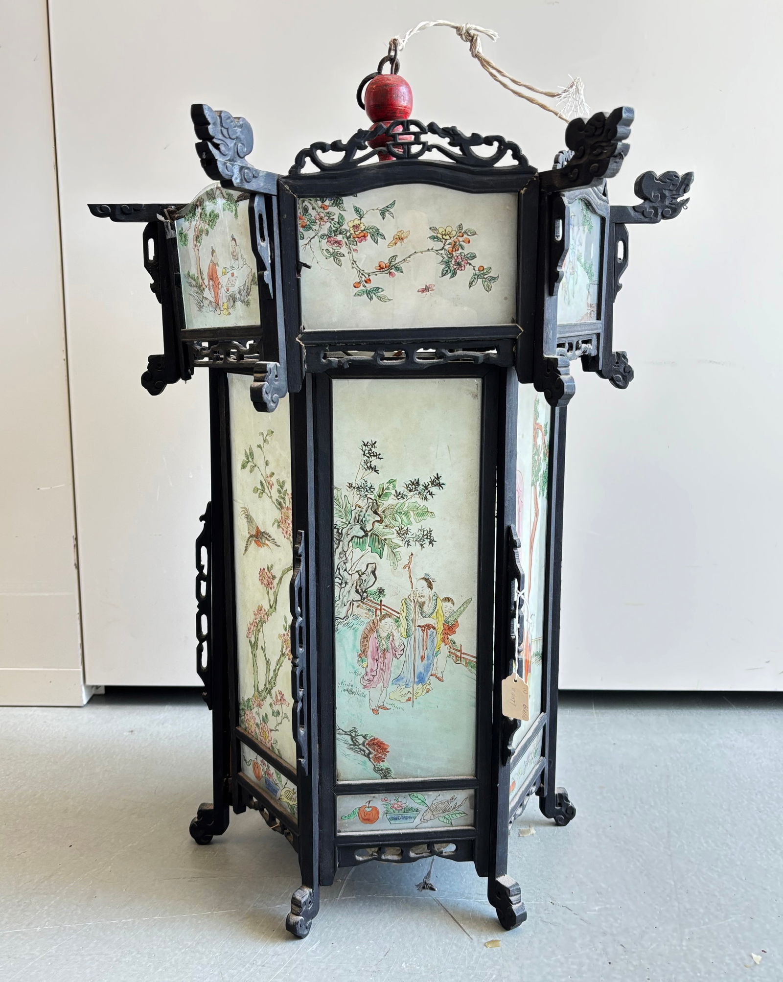 Chinese Reverse Painted Glass & Wood Lantern (1 of 8)