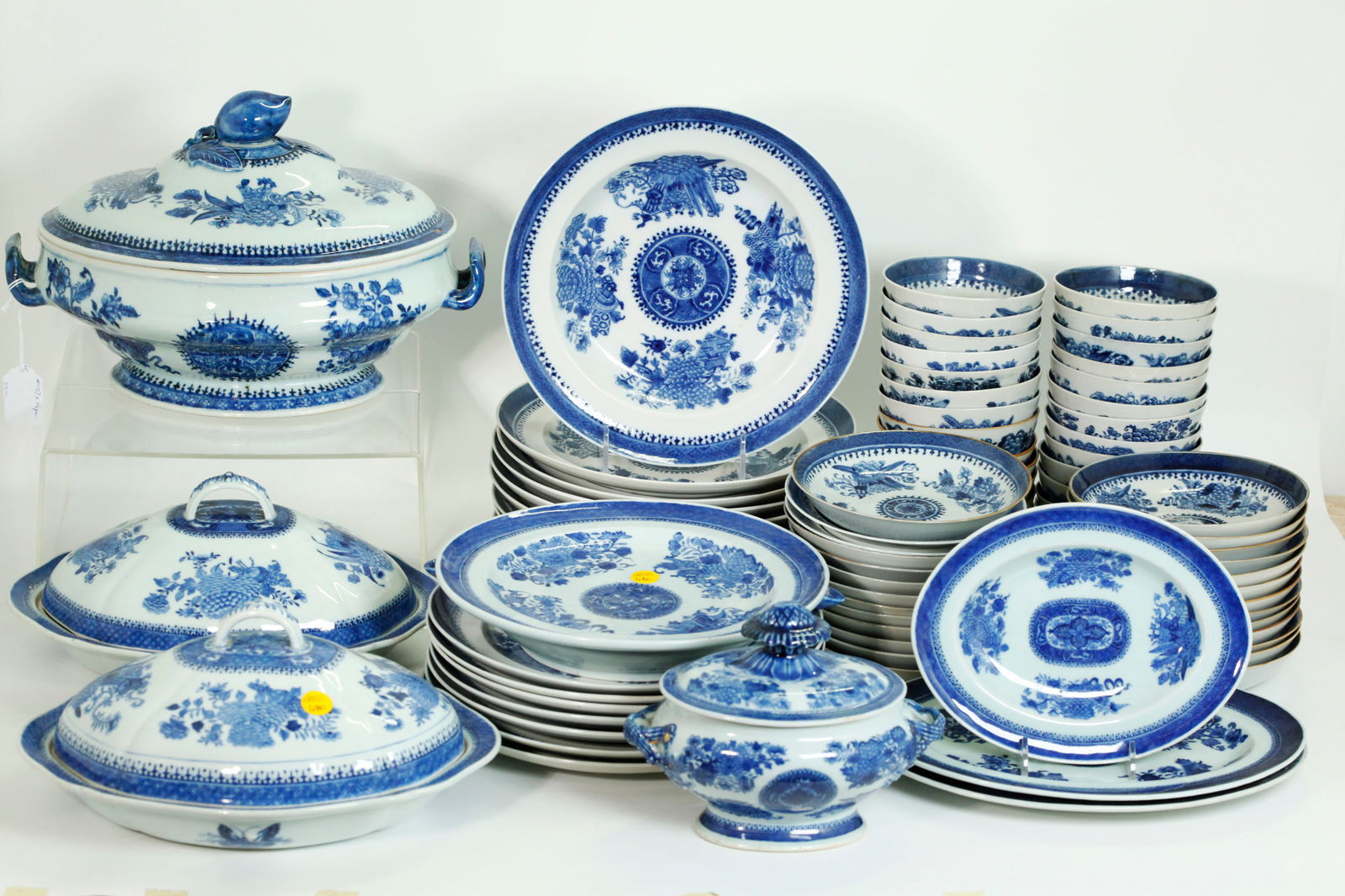 75 Pc Chinese 19th C Blue Fitzhugh Porcelains: 75 Pieces of Chinese early 19th Century Blue Fitzhugh Pattern Export Porcelains including plates, bowls and tureens: see images. Height of tureen with cover 8 inches X width from handle to handle 12 3