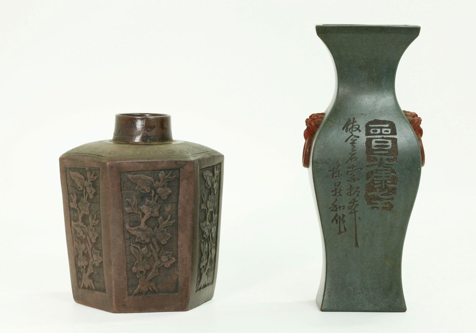 Chinese Qing Yixing Zisha Tea Caddy & Vase: 2 Chinese Qing Dynasty Yixing Zisha Wares: a 6 sided Tea Caddy with each side panel impressed with flowering branches on a thunder cloud ground, a row of small curls at the shoulder and the recessed h