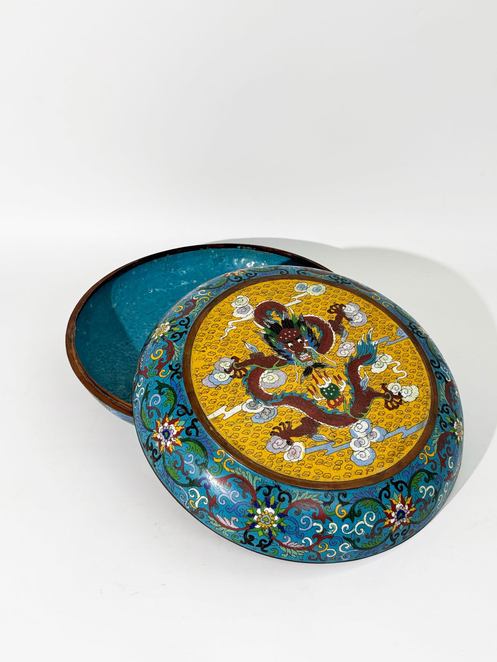 Lg Chinese Bronze & Cloisonne Round Dragon Box (1 of 7)