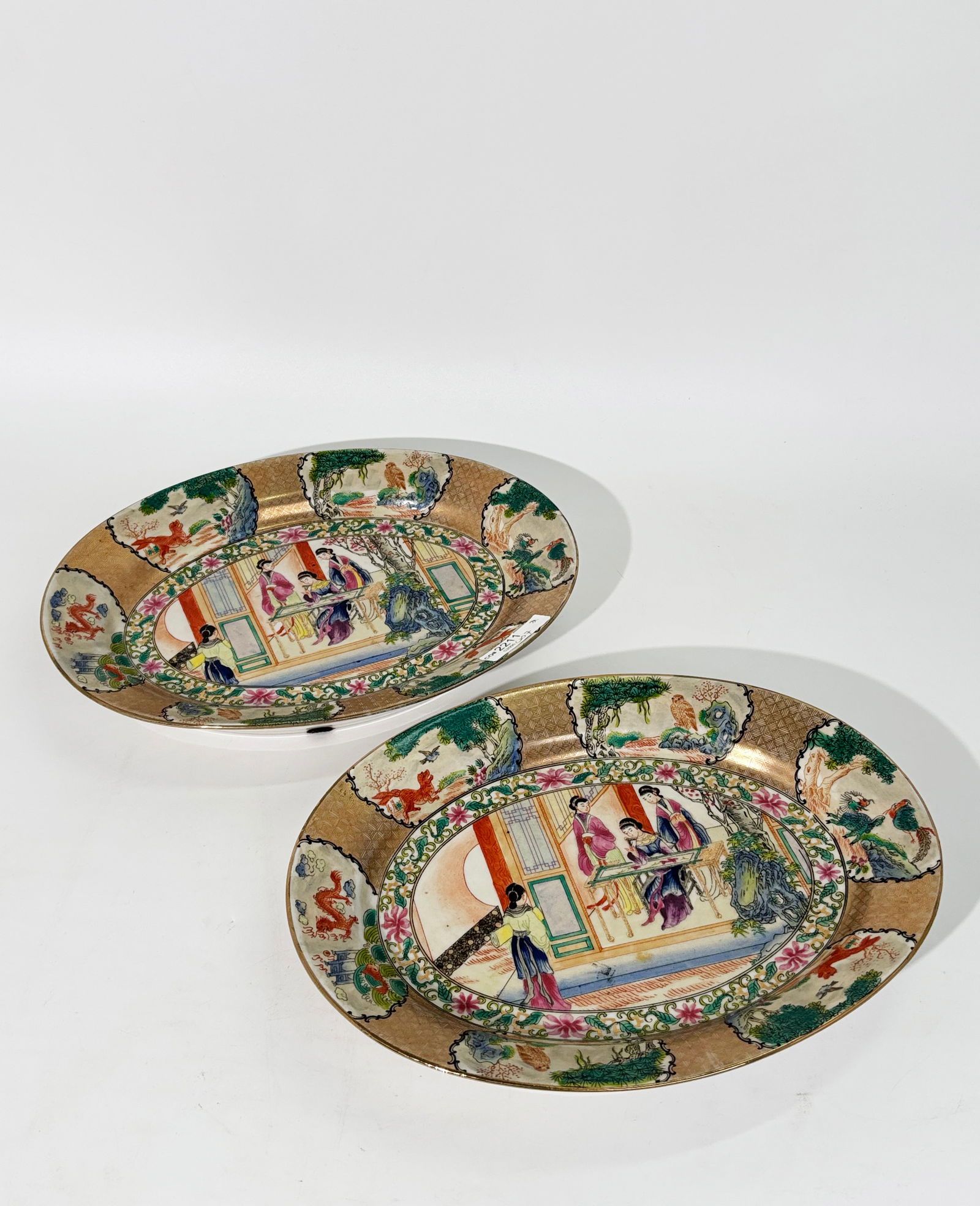 Pr Chinese Stamped Enamel Porcelain Oval Plates (1 of 5)