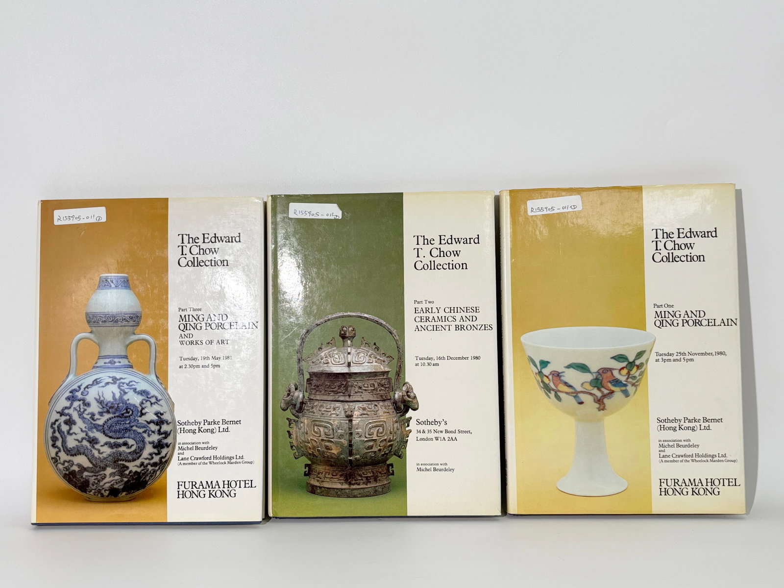 Sotheby's Edward T Chow Collection 3 Vol London HK: Sotheby's; the Edward T Chow Collection 3 Volumes with dust jackets, lots with references and brief translations into Chinese; Part One, 25 November 1980, Hong Kong, Ming & Qing Porcelains; Part Two,