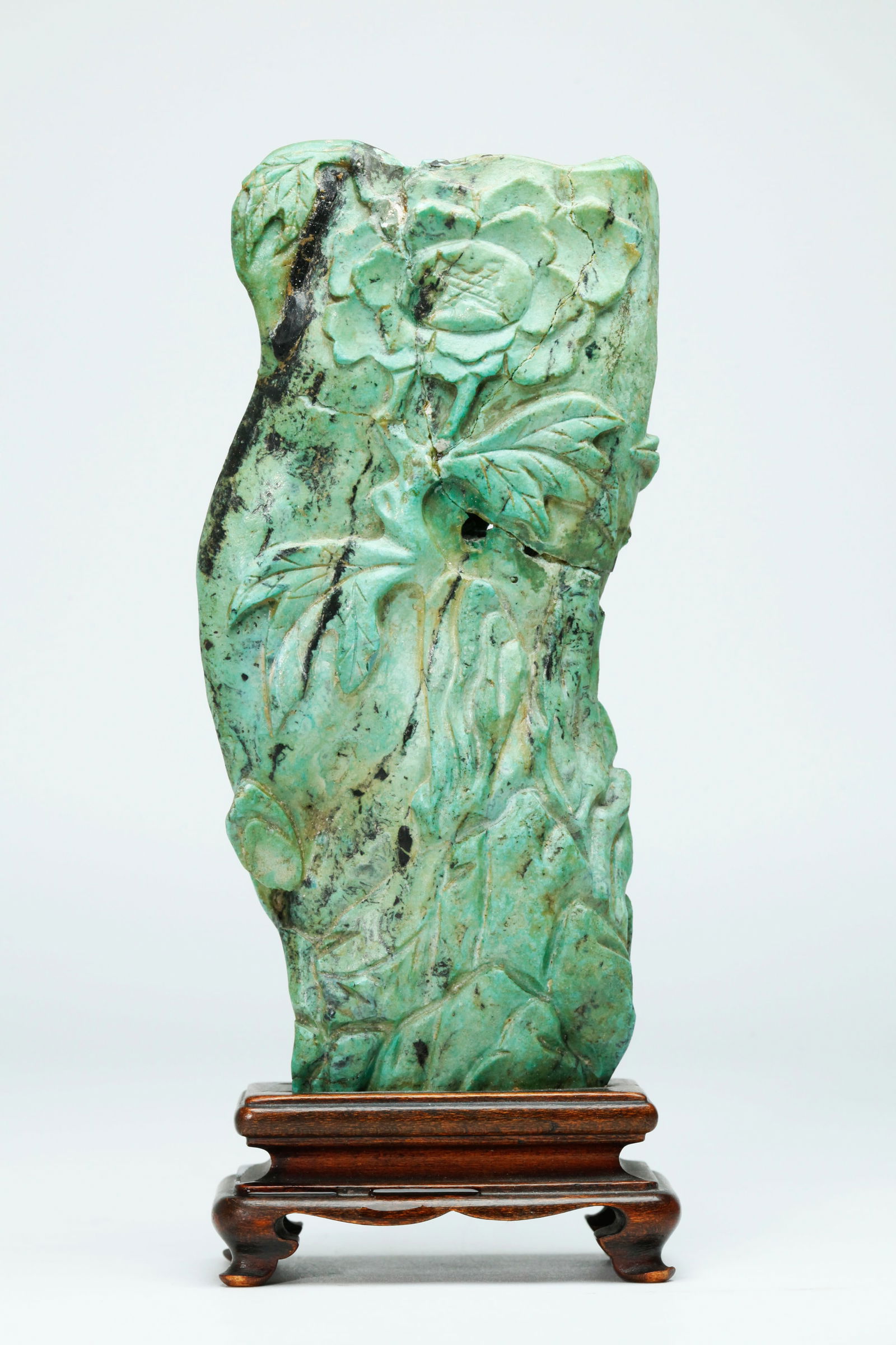 Lg Chinese 19 C Turquoise Scholar's Vase Carving: Large Chinese 19th Century Turquoise Scholar's Vase, the flat stone Carved to both sides with stems, leaves and flowers on a background of Garden Rocks, the flattened specimen partially hollowed from