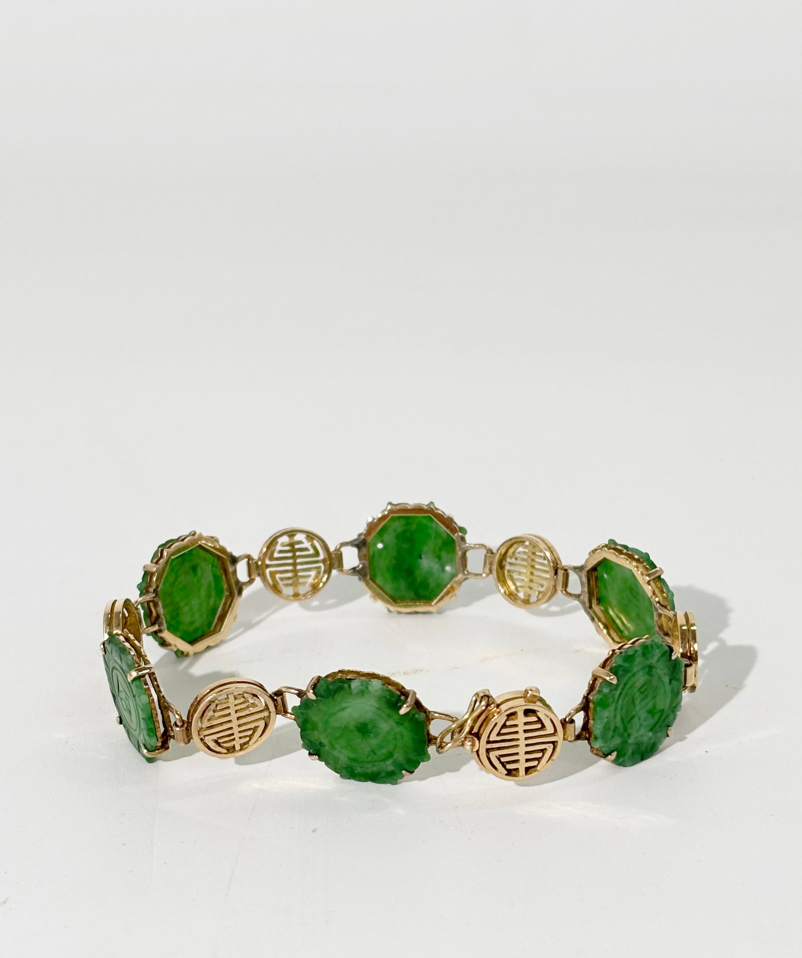 6 Chinese Qing Green Jadeite Plaques 14K Bracelet (1 of 7)