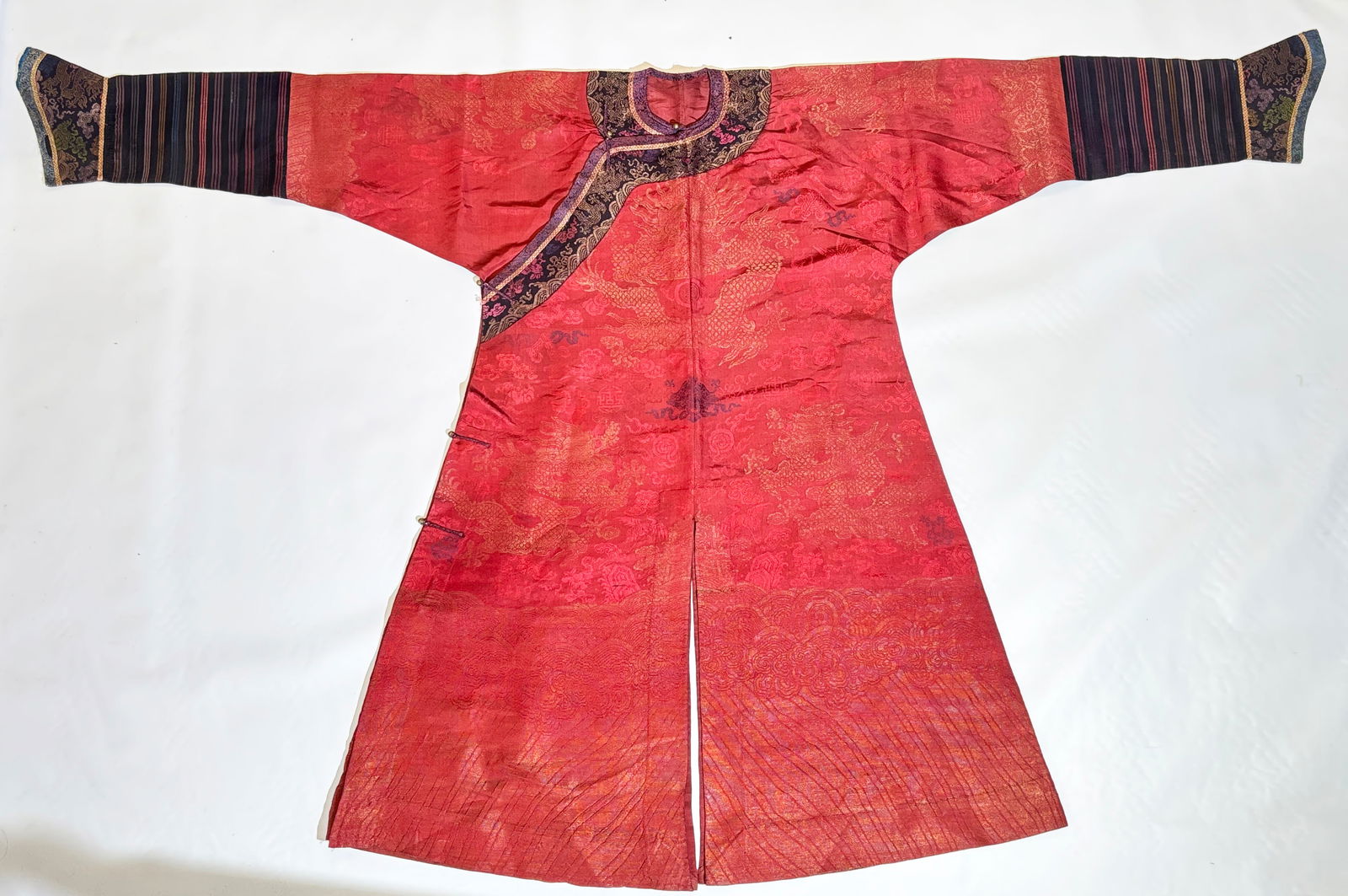 Chinese 19th C Scholar's Red Brocade Dragon Robe: Rare Chinese early 19th Century Imperial Scholar's Red & Gold Brocade 5-claw Dragon semi-informal Summer Robe without lining, with dark brocade borders and 5 gilt bronze ball buttons, the sleeves with