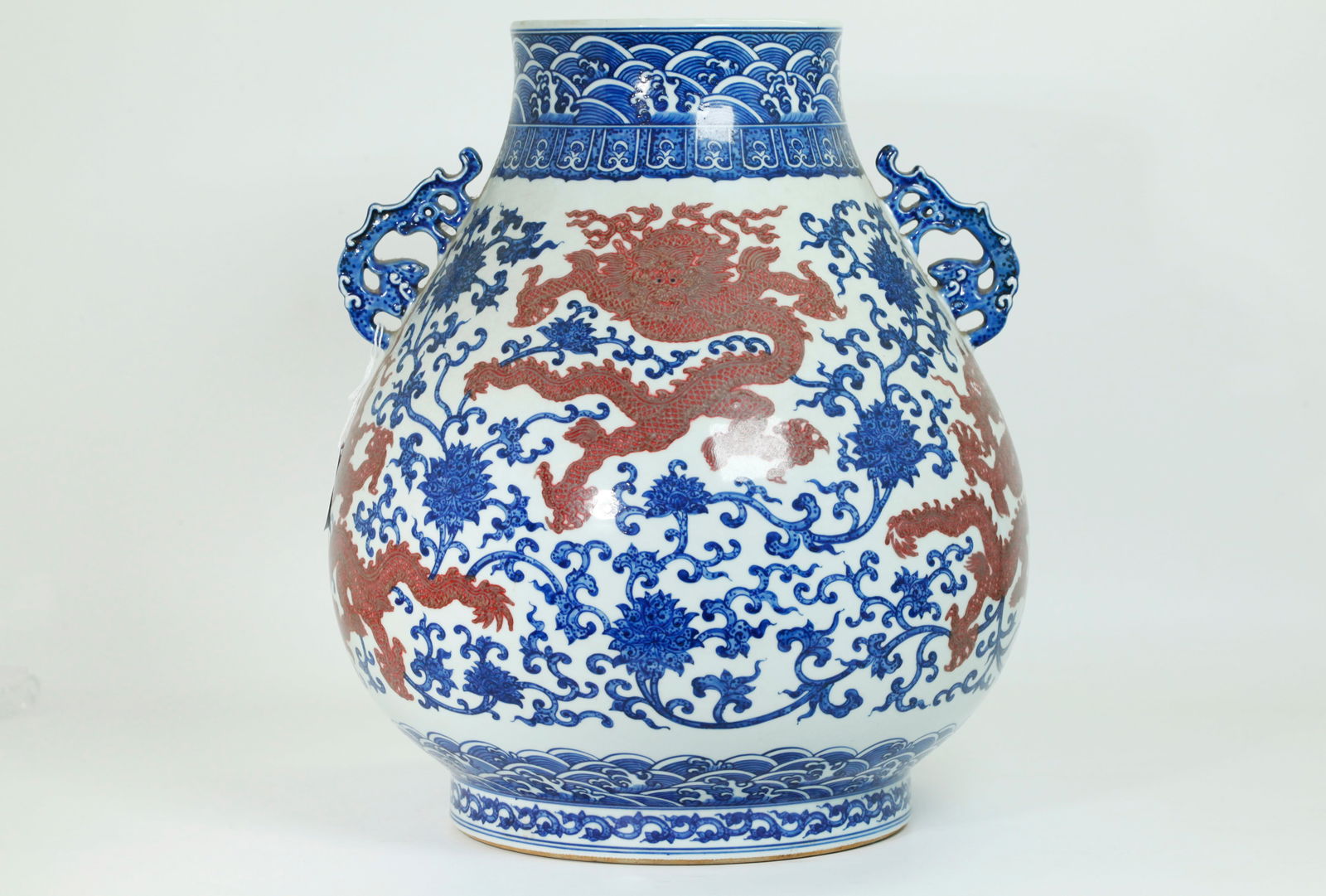 Lg Chinese Blue & Red Porcelain Dragon Hu Vase (1 of 5)