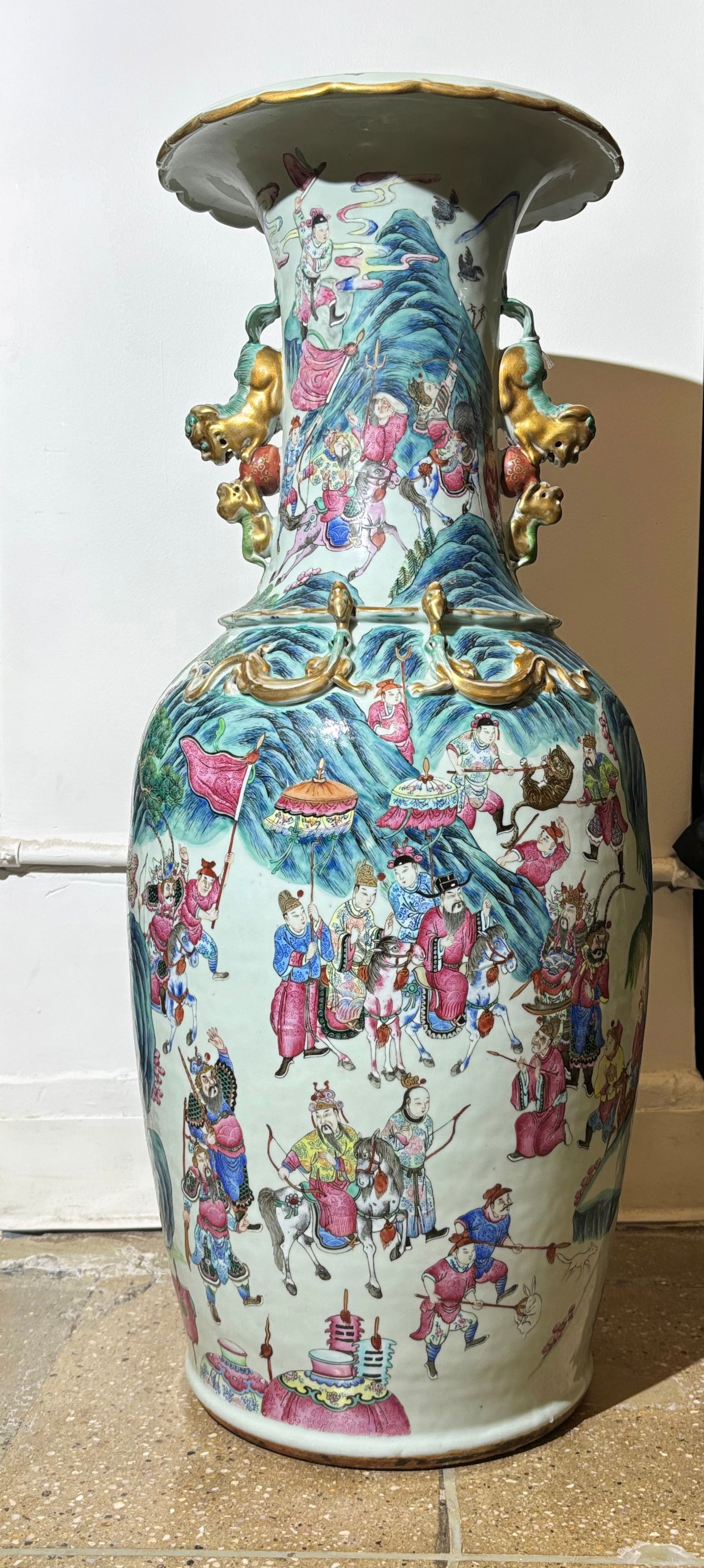 XL Chinese 19th C Famille Rose Porcelain Vase - 2: Extra large Chinese 19th Century Famille Rose Porcelain Vase with flared mouth, applied pairs of Fu Dog & Ball Handles to the neck, applied pairs of gilt Dragons to each side of the shoulders; the sur