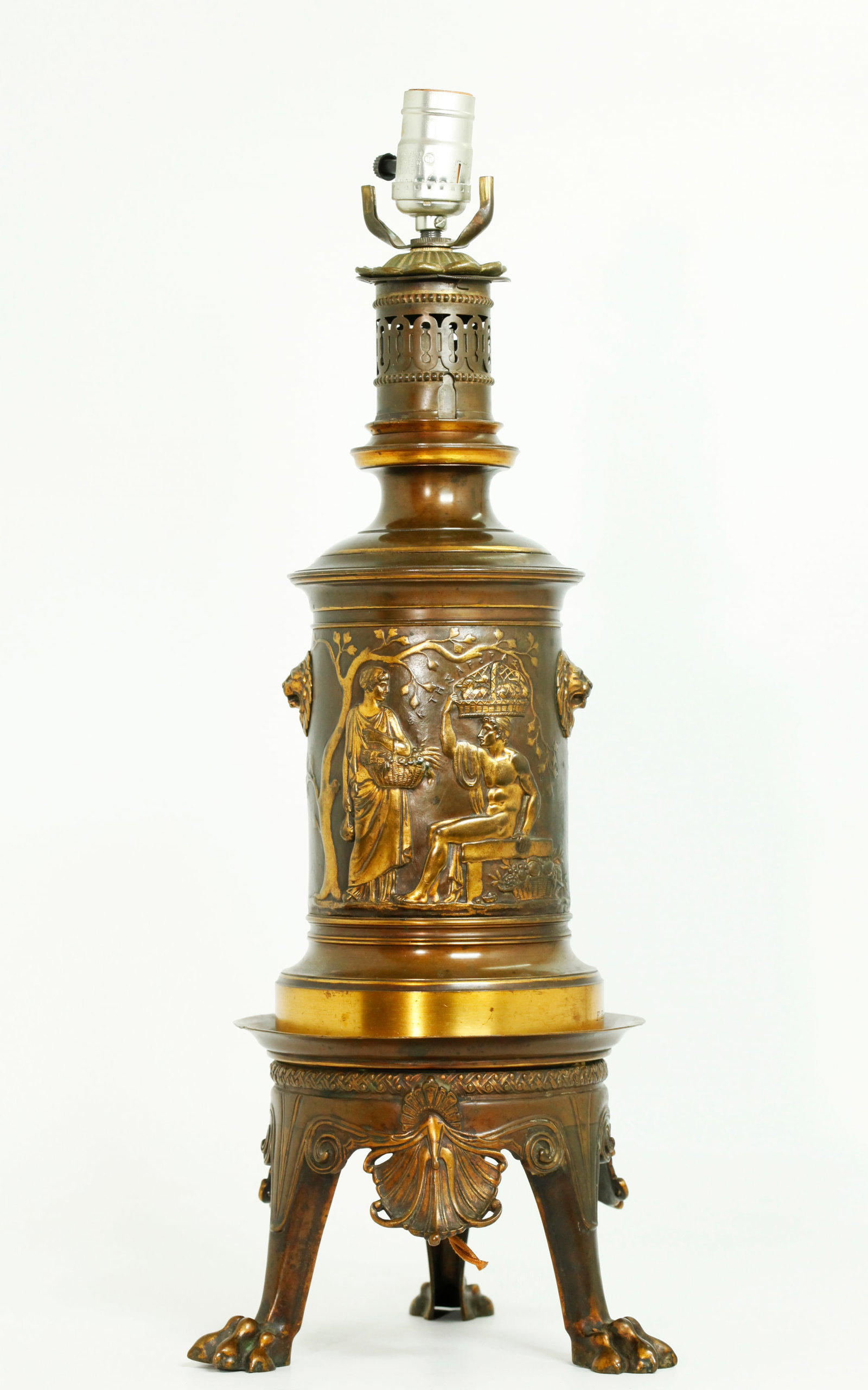 Barbedienne Greek Urn Gilt Bronze 3 Paw Lamp Base: Barbedienne "Greek" Urn Napoleon III Etruscan Revival circa 1860's; the urn in partially Gilt Bronze cast with a seated nude male athlete with basket on head and a standing Goddess, titled "EKTHEAPOPA