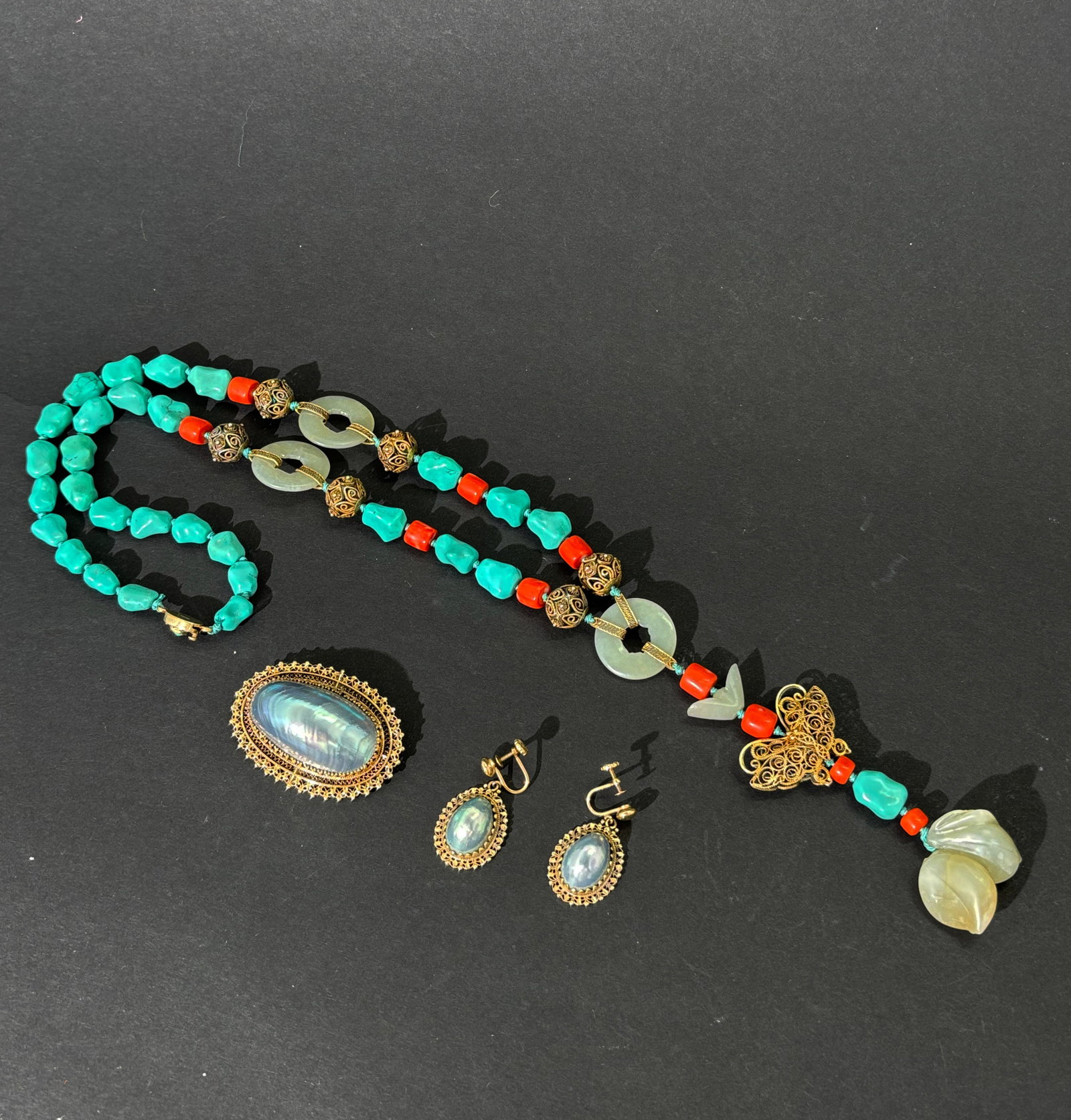 Chinese Jade Coral Necklace; Shell Pin & Earrings (1 of 7)