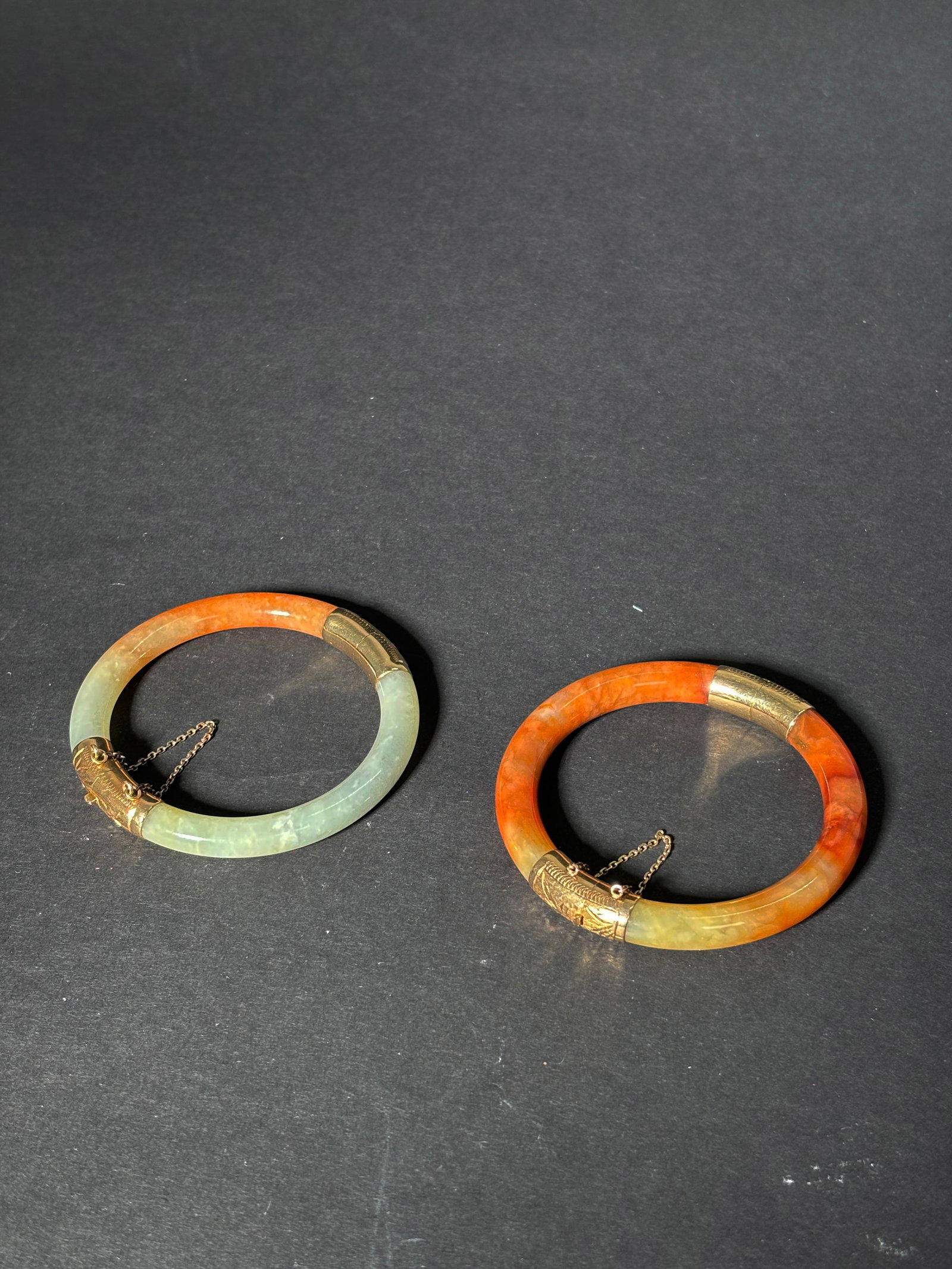Pr Chinese Russet & Celadon Jadeite 14K Bangles (1 of 8)