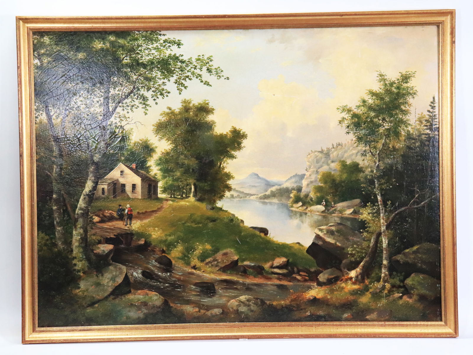 American mid 19th C Adirondack Landscape: American mid 19th Century Adirondack Mountain Landscape; oil on canvas probably mounted to board, with 2 Male Figures at a stream by a small cottage with 2 Male Figures Fishing across a small lake. He