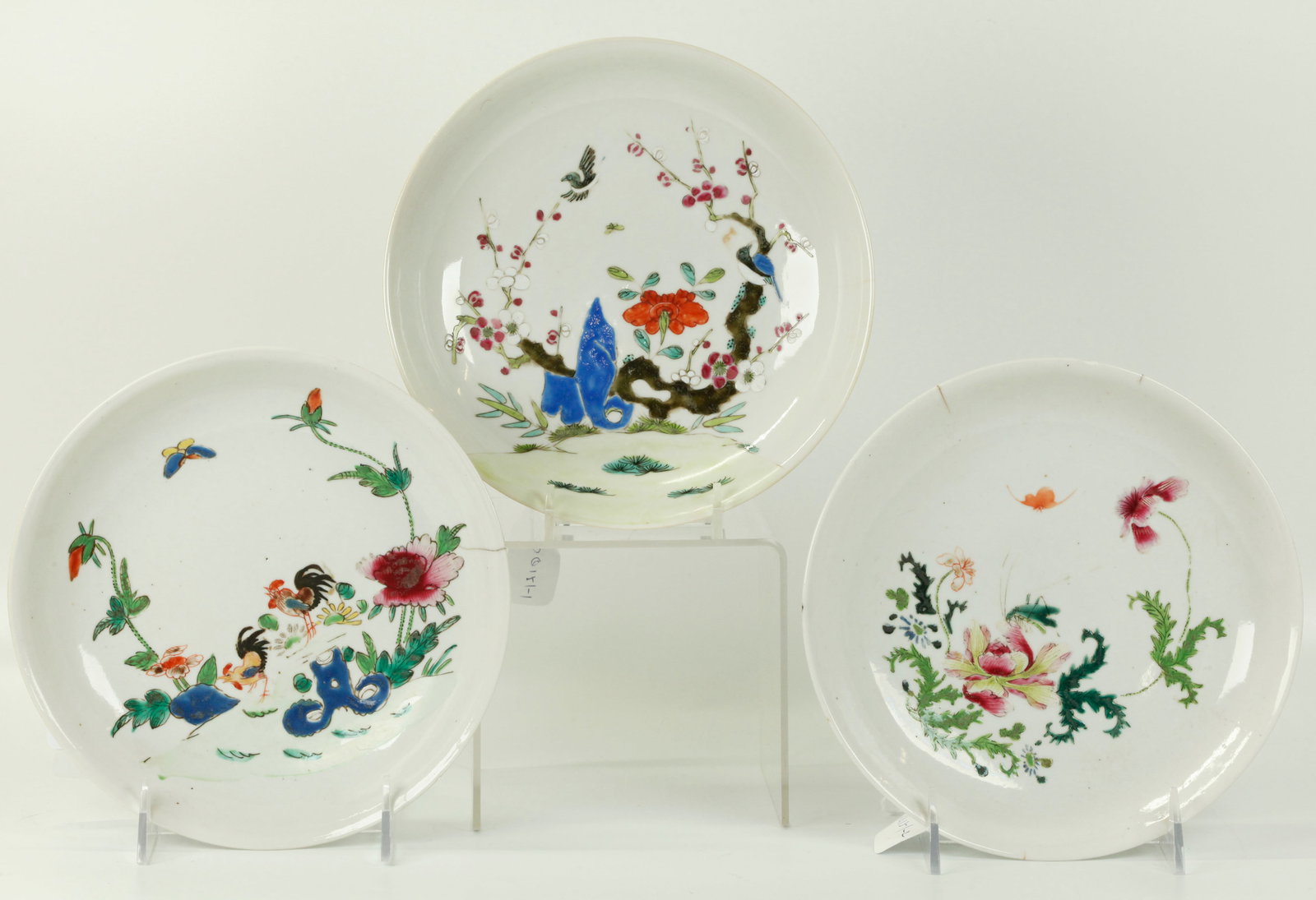 3 Chinese Qing Enameled Porcelain Low Bowls: 3 Chinese 19th Century Enameled Porcelain Low Bowls with Flowers, Birds, Chickens, Cricket and a Bat; the undersides in clear glaze. Height 1 1/2 inches x Diameter 7 3/4 inches.