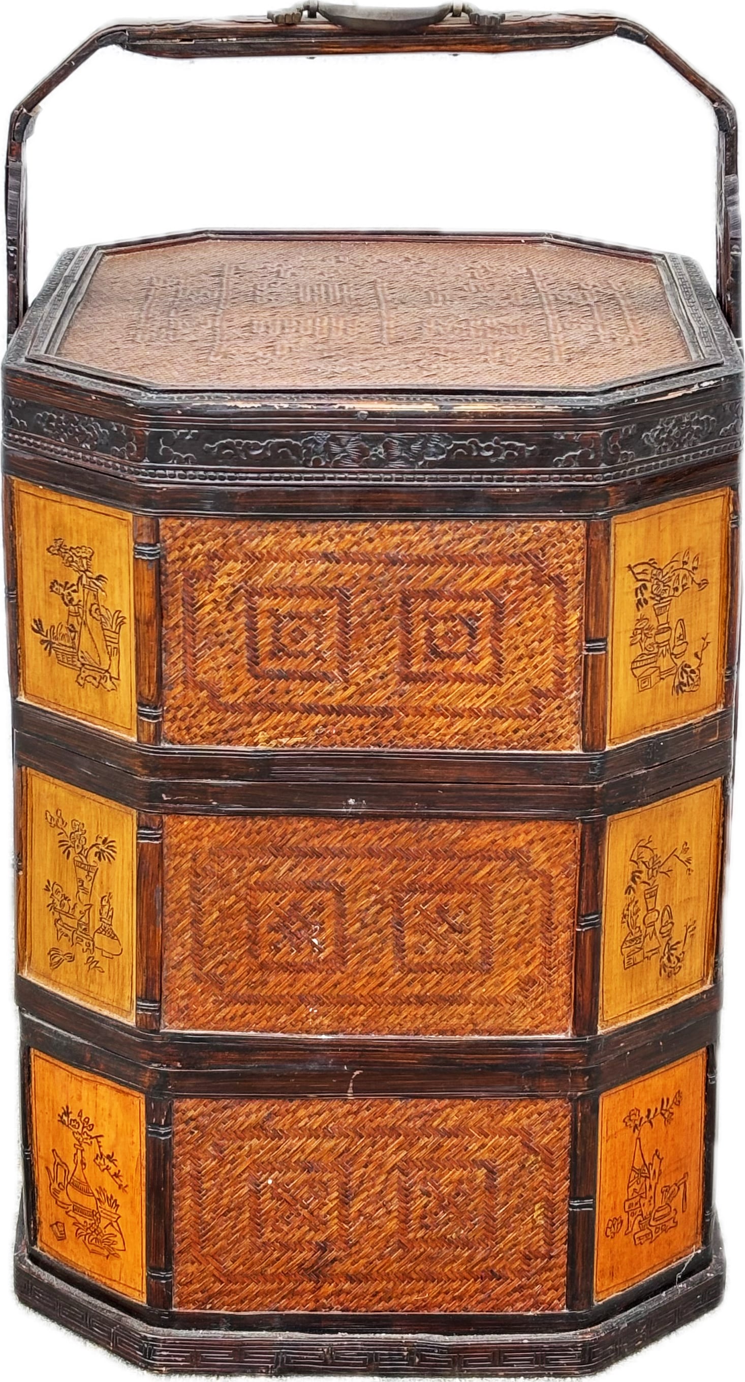 Lg Chinese Bamboo 3 Compartment Picnic Basket: Large Chinese Bamboo 3 octagonal Compartment with cover Picnic Basket with woven sides and small incised panel sides with an overhead carved handle with bronze supports and bronze bail handle at top.