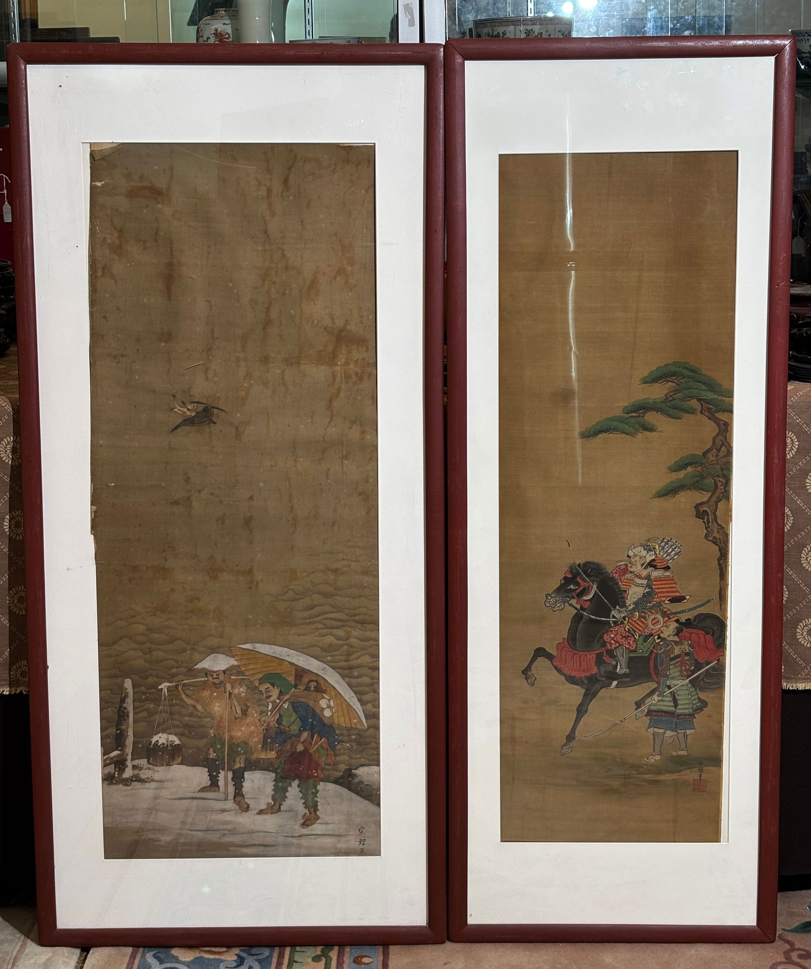 2 Japanese 19 C Silk Paintings Samurai & Travelers (1 of 7)