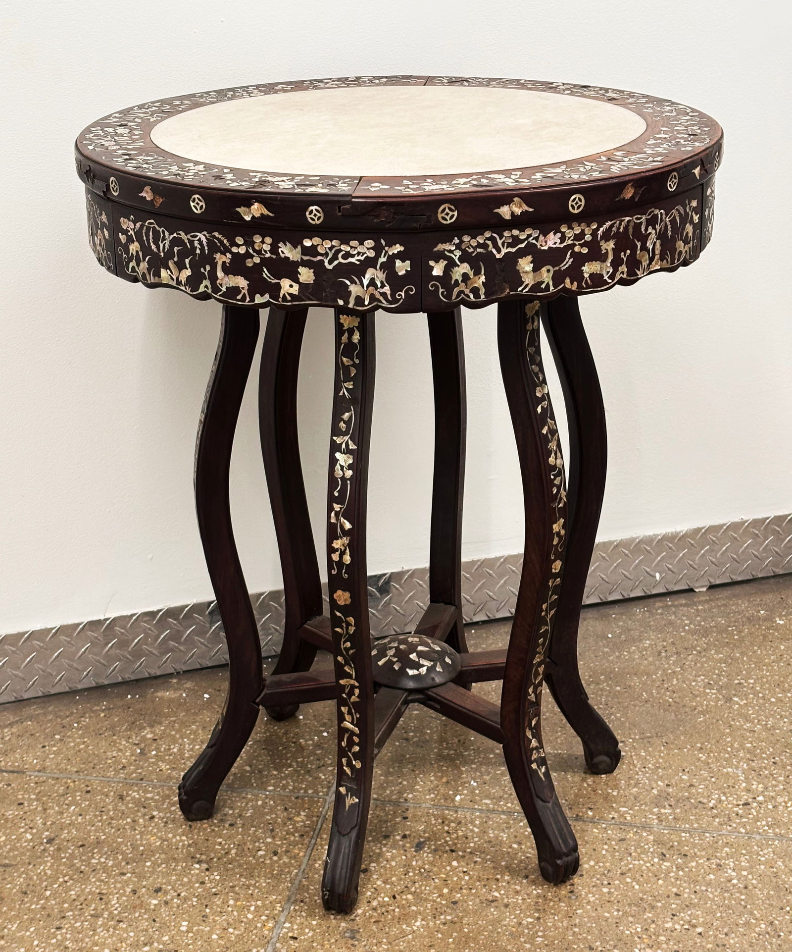 Chinese Round Hard Wood & Shell Inlay 6 Leg Table (1 of 11)