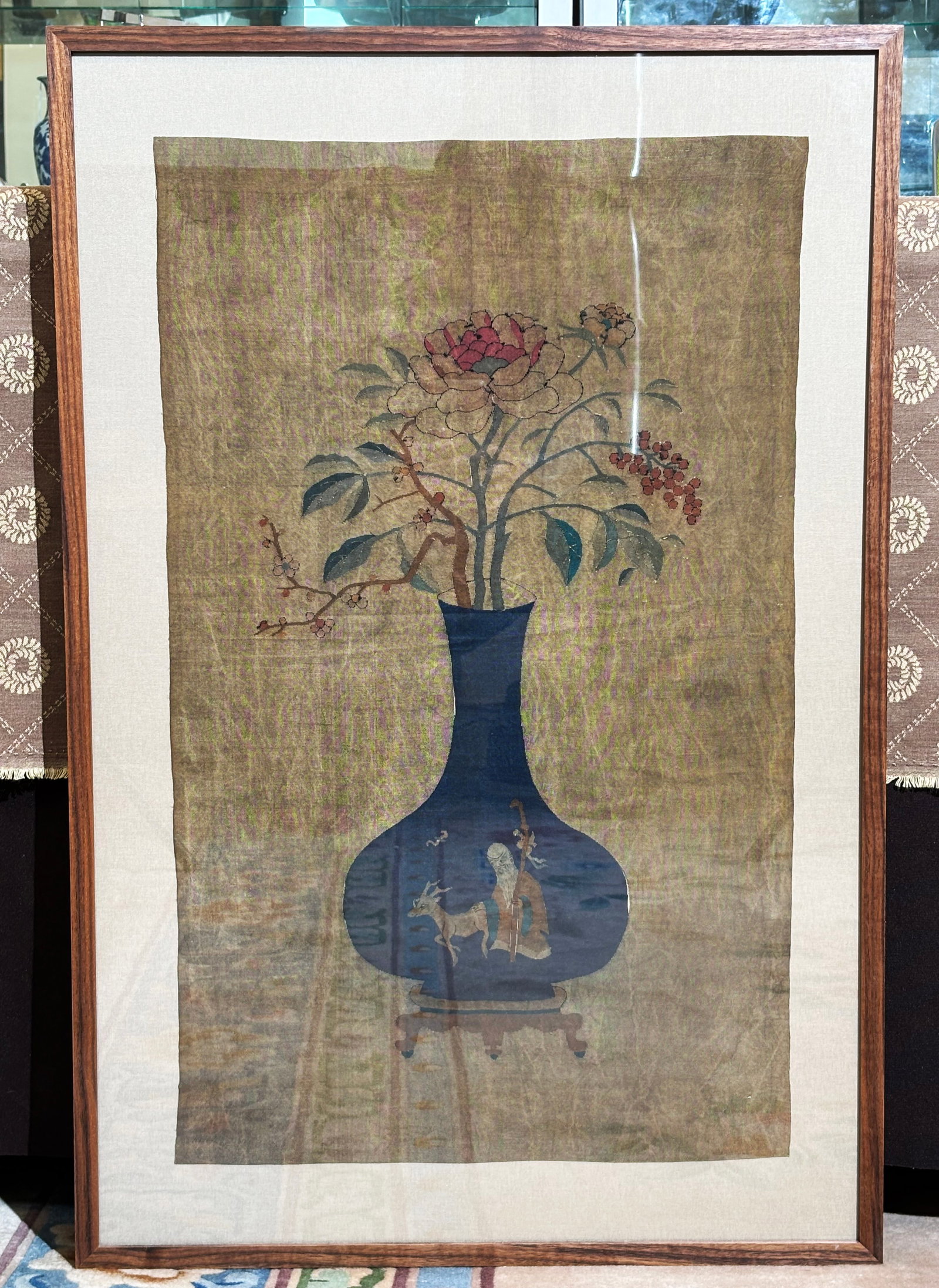 Chinese Qing Kesi Silk Panel Vase & Flowers (1 of 6)