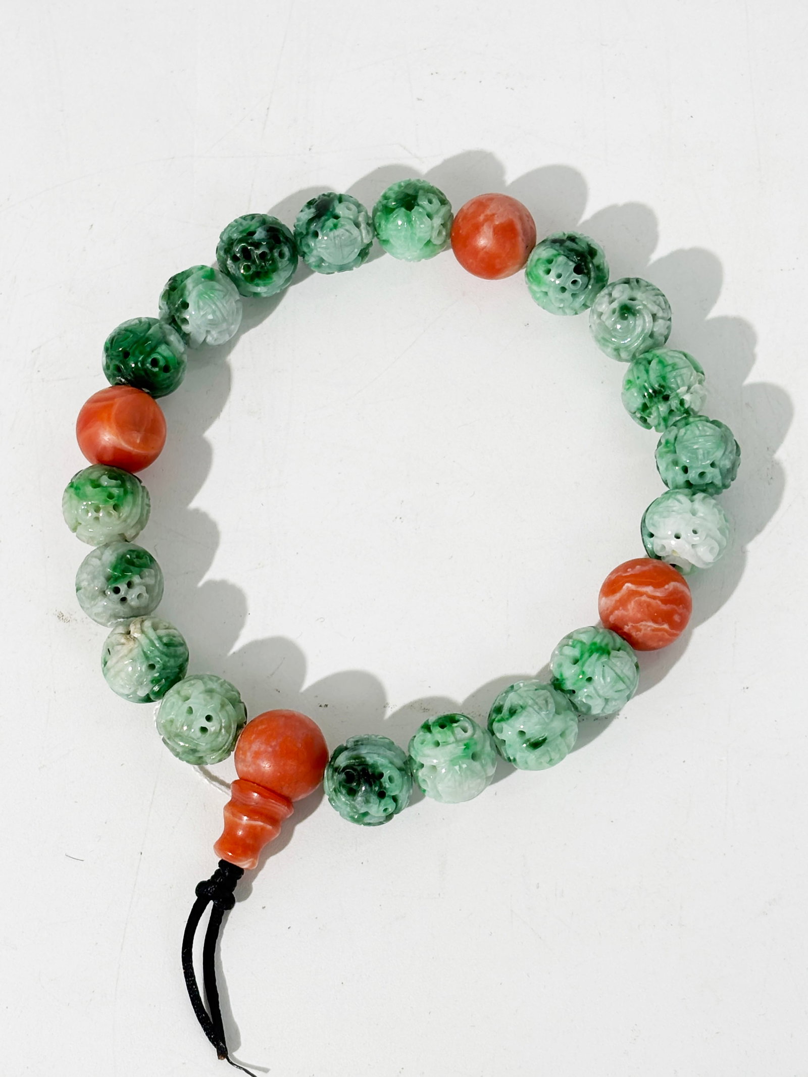 Chinese 18 Bead Green Jadeite & Carnelian Bracelet (1 of 6)