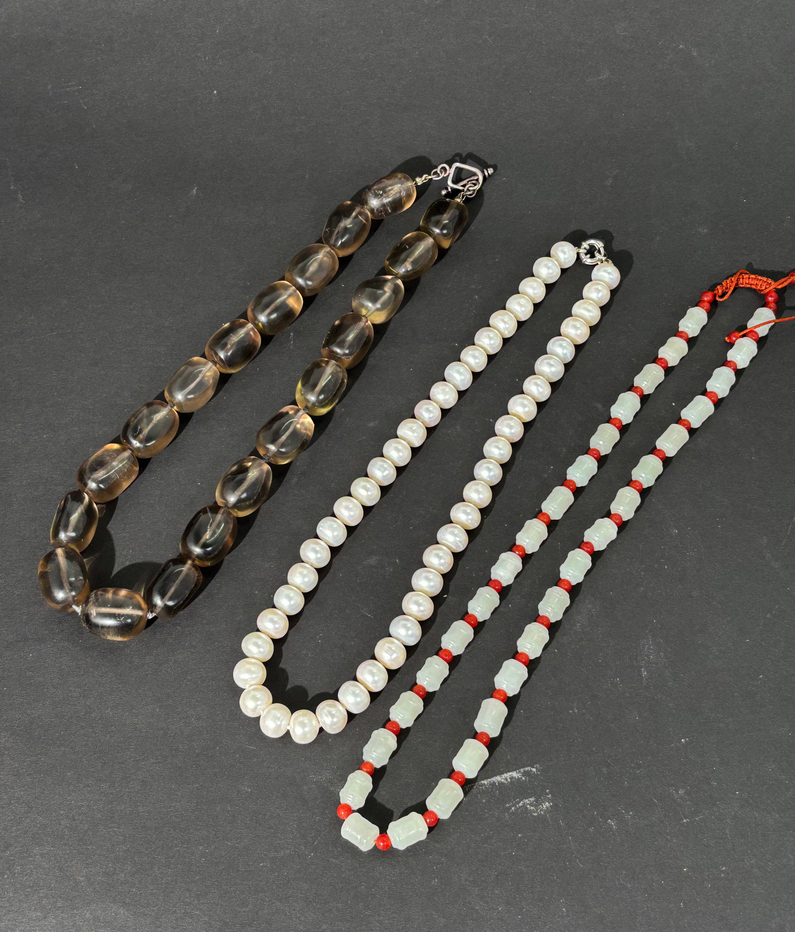 3 Chinese Necklaces Pearl White Jade & Tea Crystal (1 of 8)