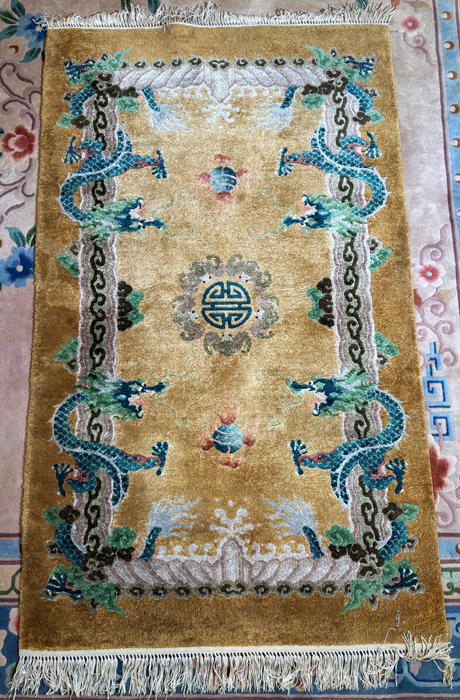 Chinese Golden Ochre Silk 5-Claw Dragon Carpet (1 of 4)