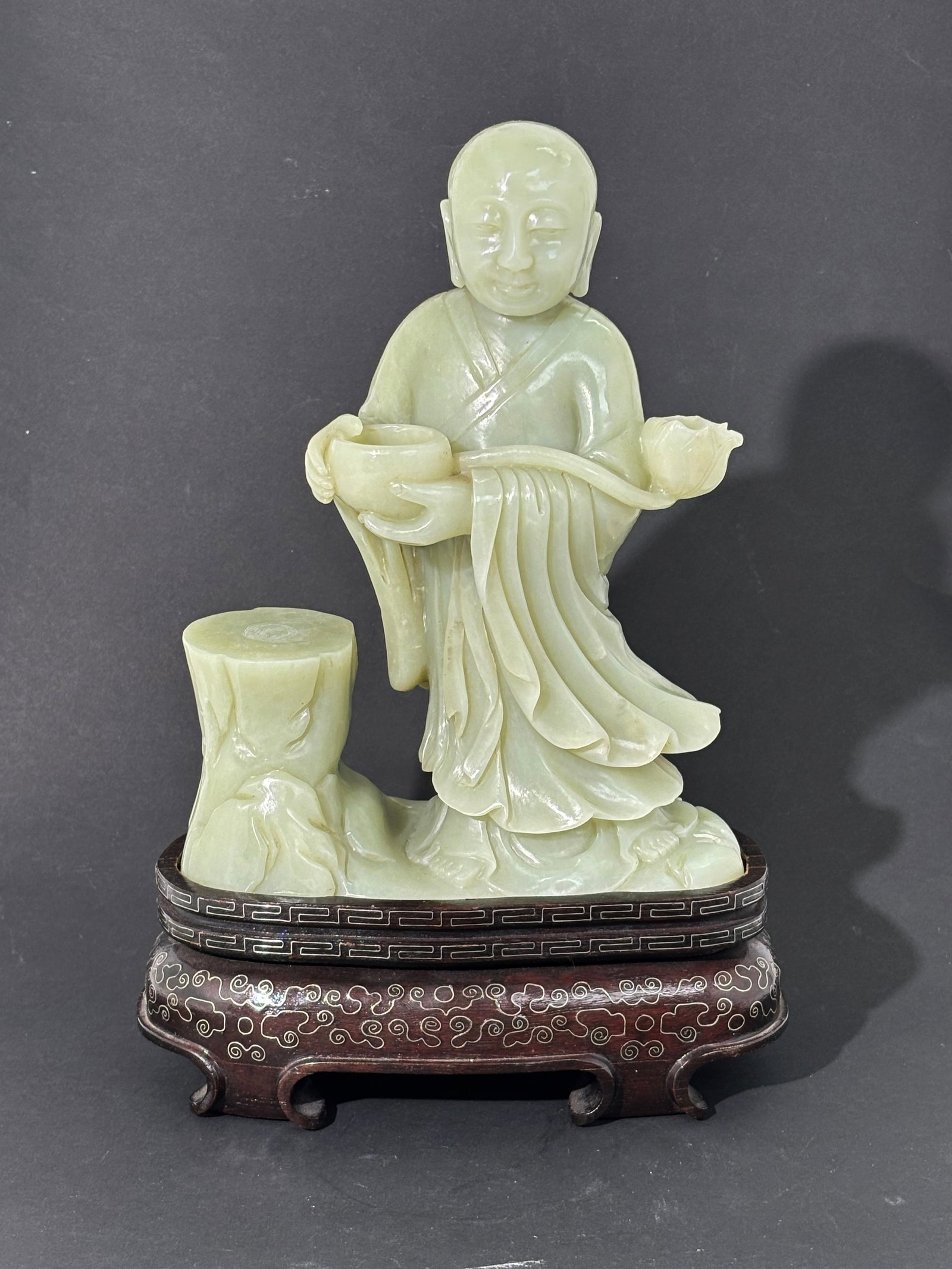 Chinese Celadon Jade Standing Lohan Lotus & Bowl (1 of 10)