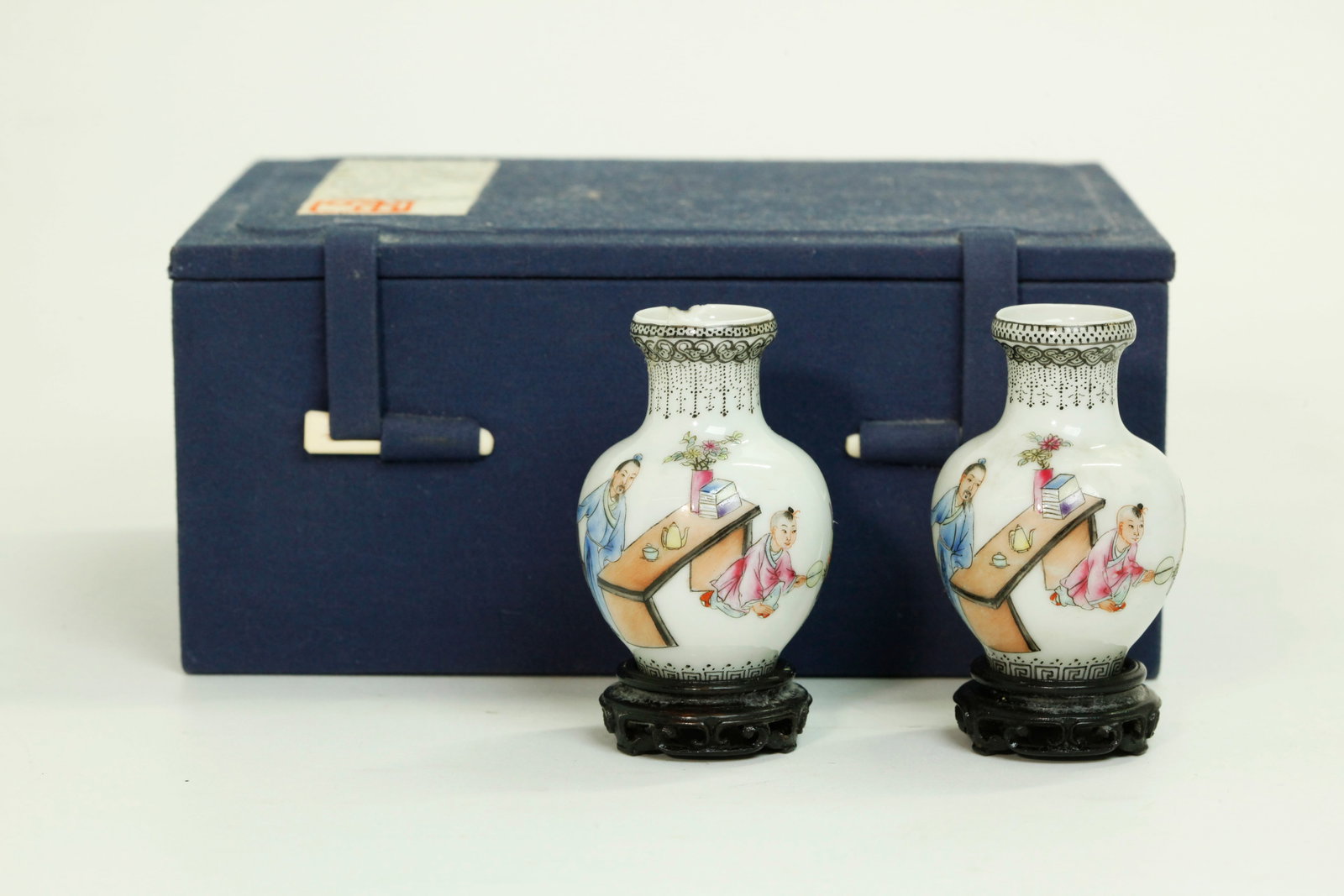 Rare Pr Chinese Republic Mini Egg Shell Tea Vases: Rare Pair Chinese Republic Miniature Egg Shell Vases each with a scene of a Scholar at a Garden Table with teacup and teapot waiting while his assistant fans the hot water; with black jewel border to